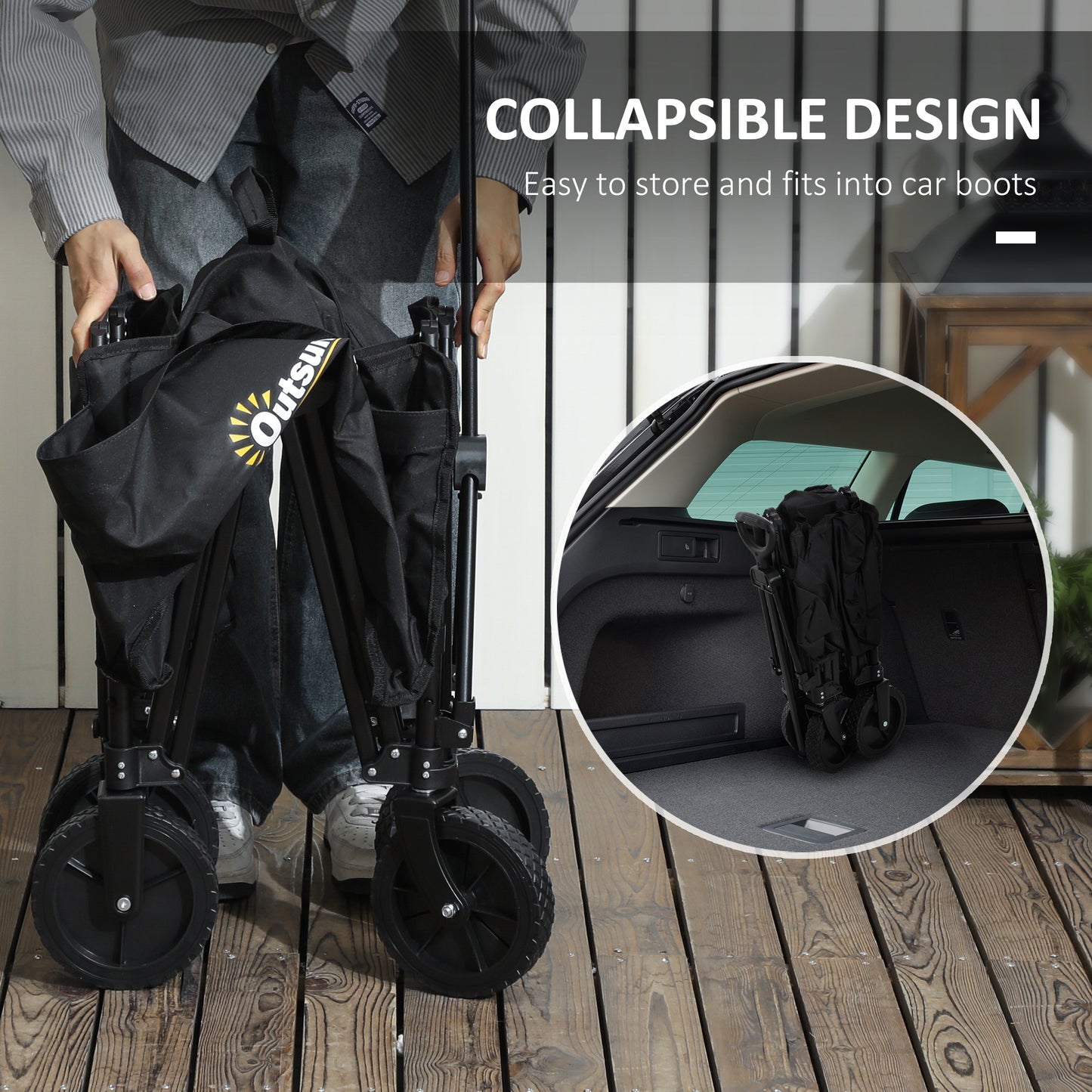 Outsunny 120L Folding Trolley On Wheels For Camping Garden Beach Fishing Black With Adjustable Handle