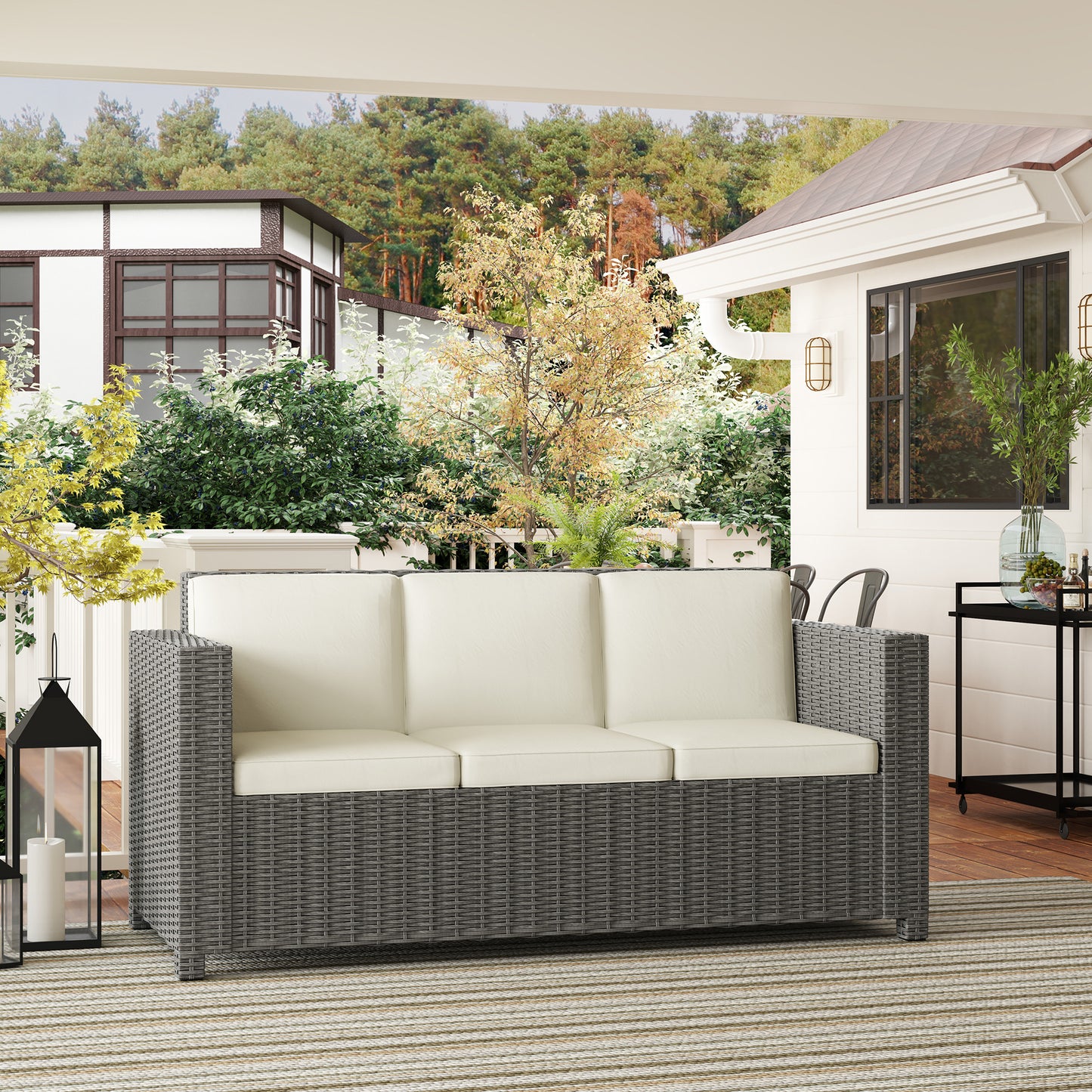 Outsunny 3 Seater Outdoor Rattan Sofa All Weather Wicker Weave Steel Frame With Cream Cushions Fire Resistant