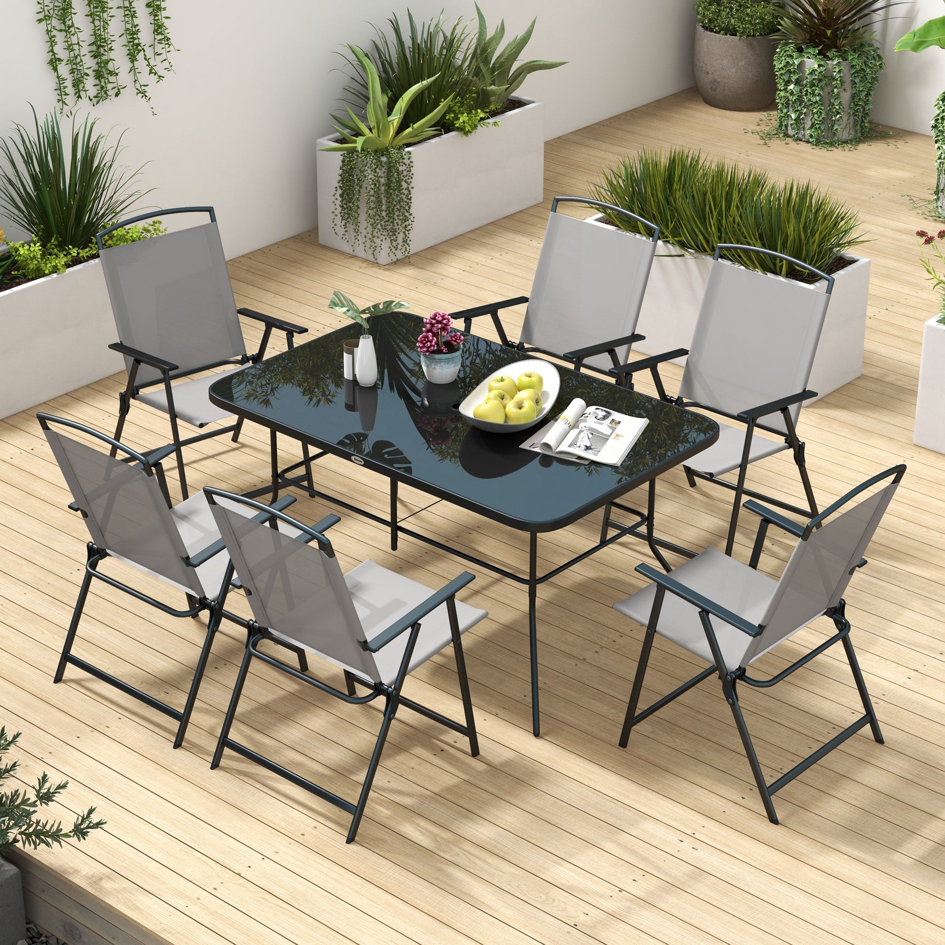 Outsunny 7-Piece Grey Outdoor Metal Dining Set with Folding Chairs and Tempered Glass Table for 6 - ALL4U RETAILER LTD