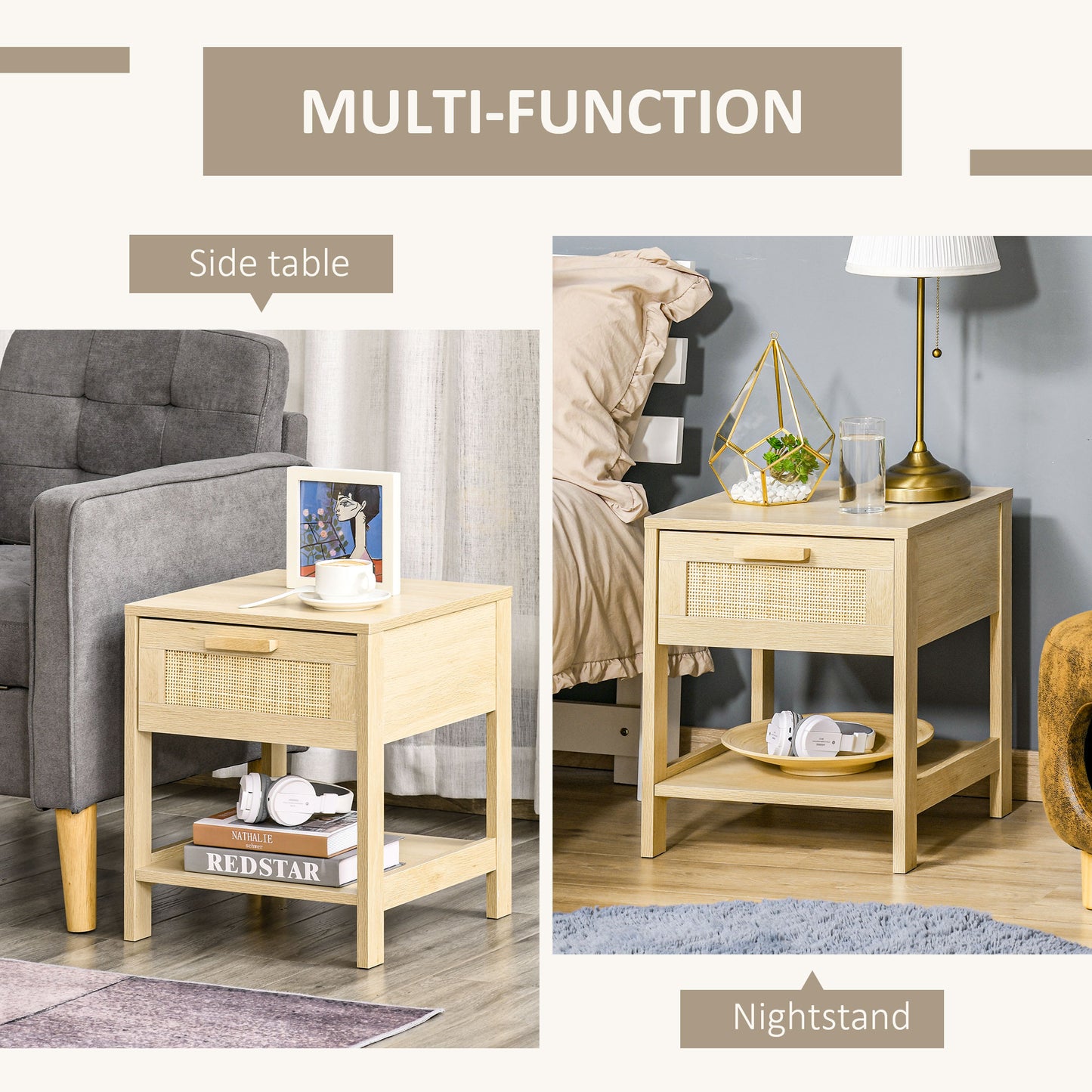 HOMCOM Bedside Table Set Of 2 With Rattan Drawer And Storage Shelf In Natural Rustic Finish