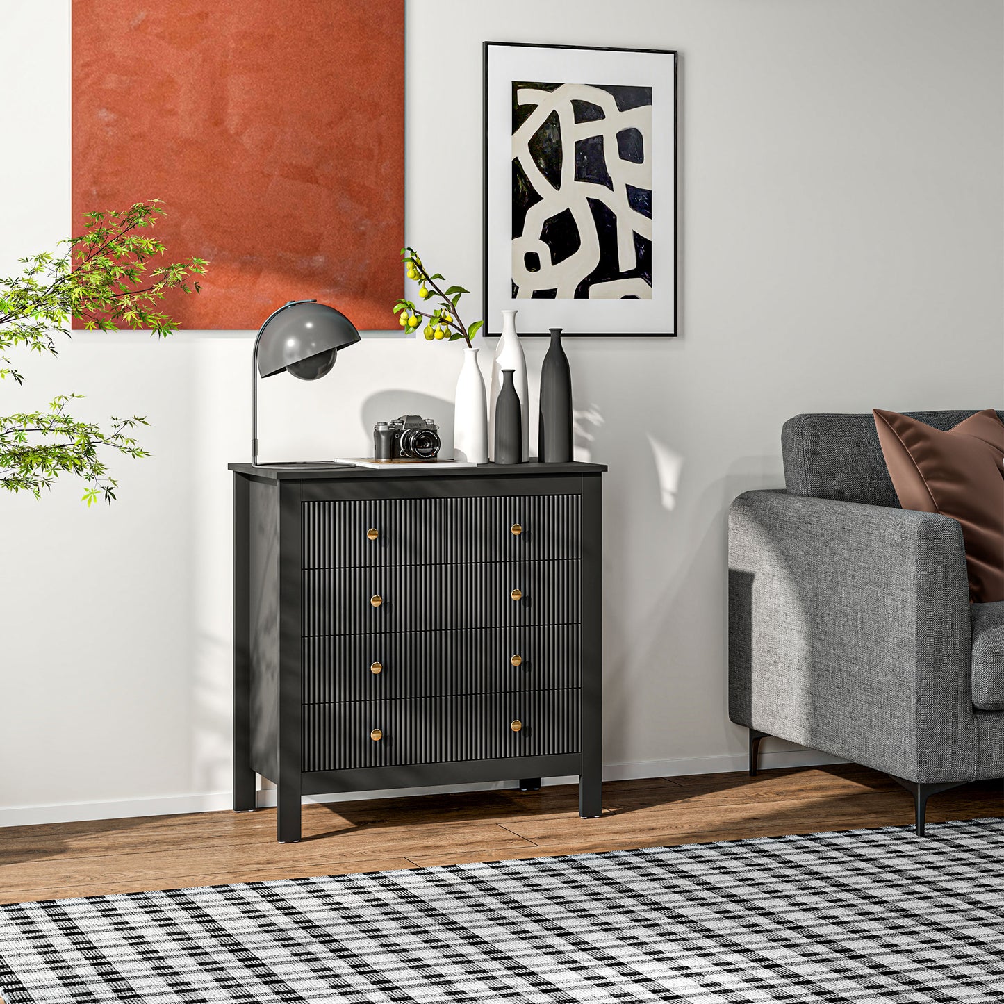 HOMCOM Five Drawer Chest Of Drawers In Black With Ridged Fronts And Gold Handles