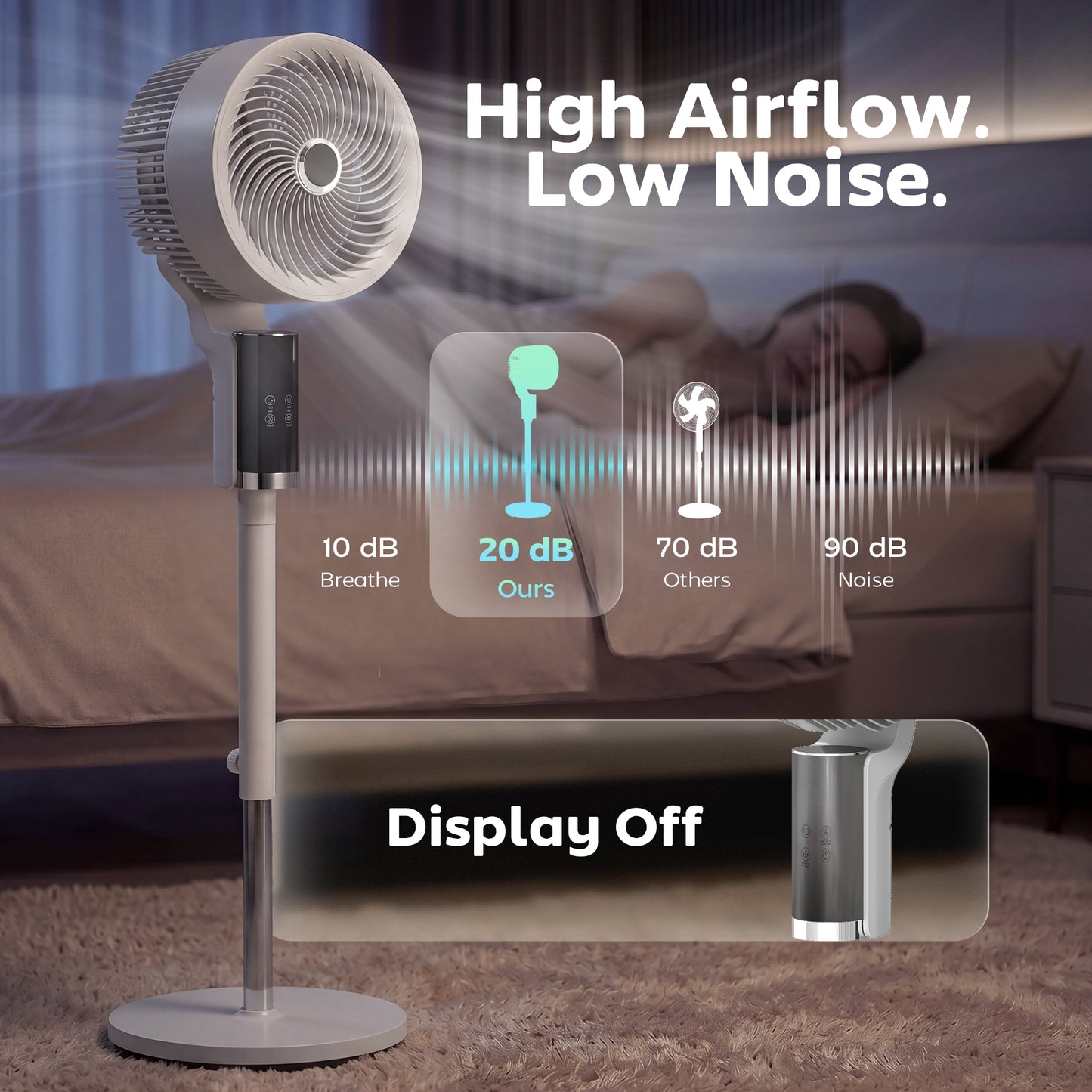 HOMCOM 44 Inch Pedestal Fan Quiet 20dB Sleep Mode 90 Degree Oscillation 8 Speeds LED Light White Bedroom