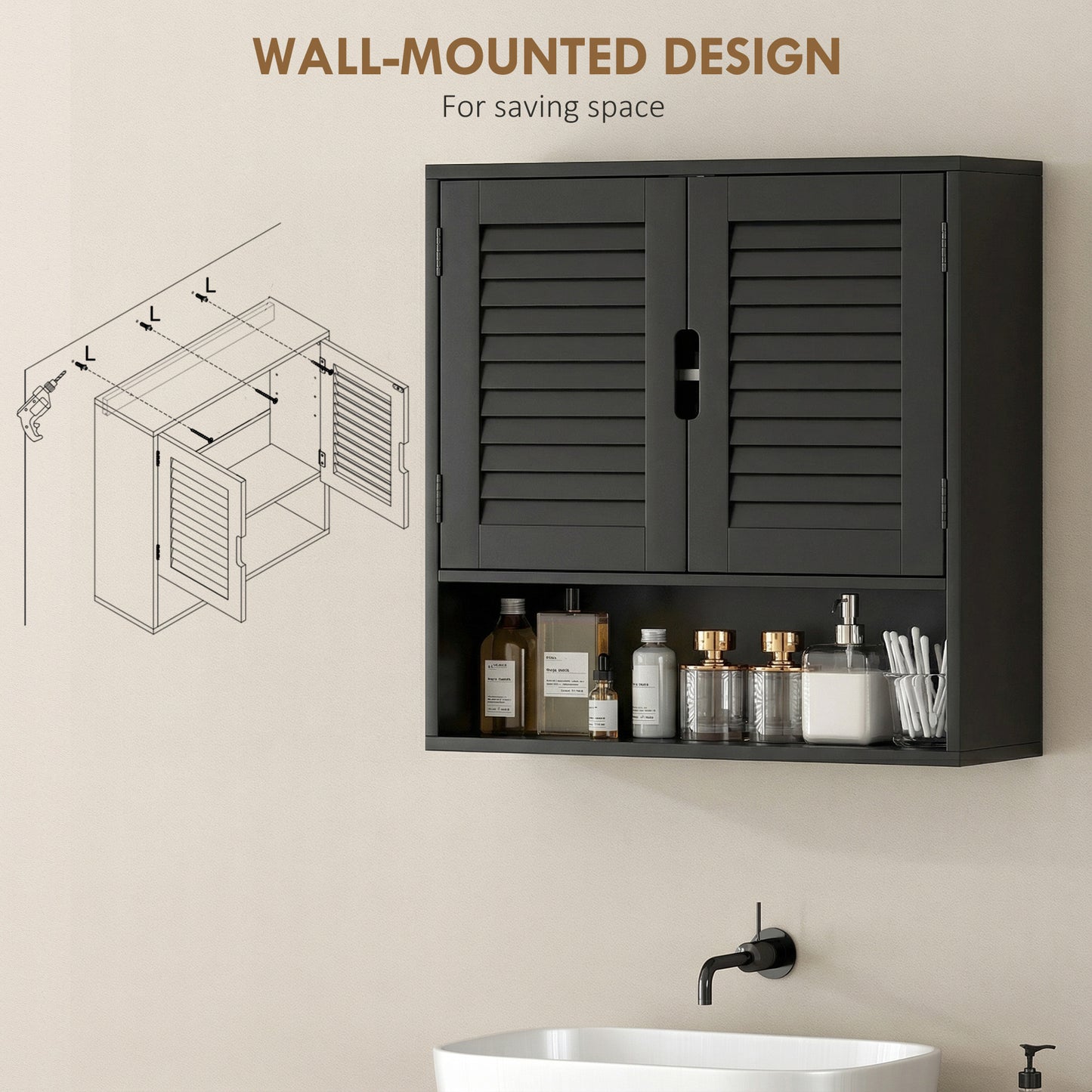 HOMCOM Wall Mounted Bathroom Cabinet With Adjustable Shelves Black 60 X 20 X 60 Cm