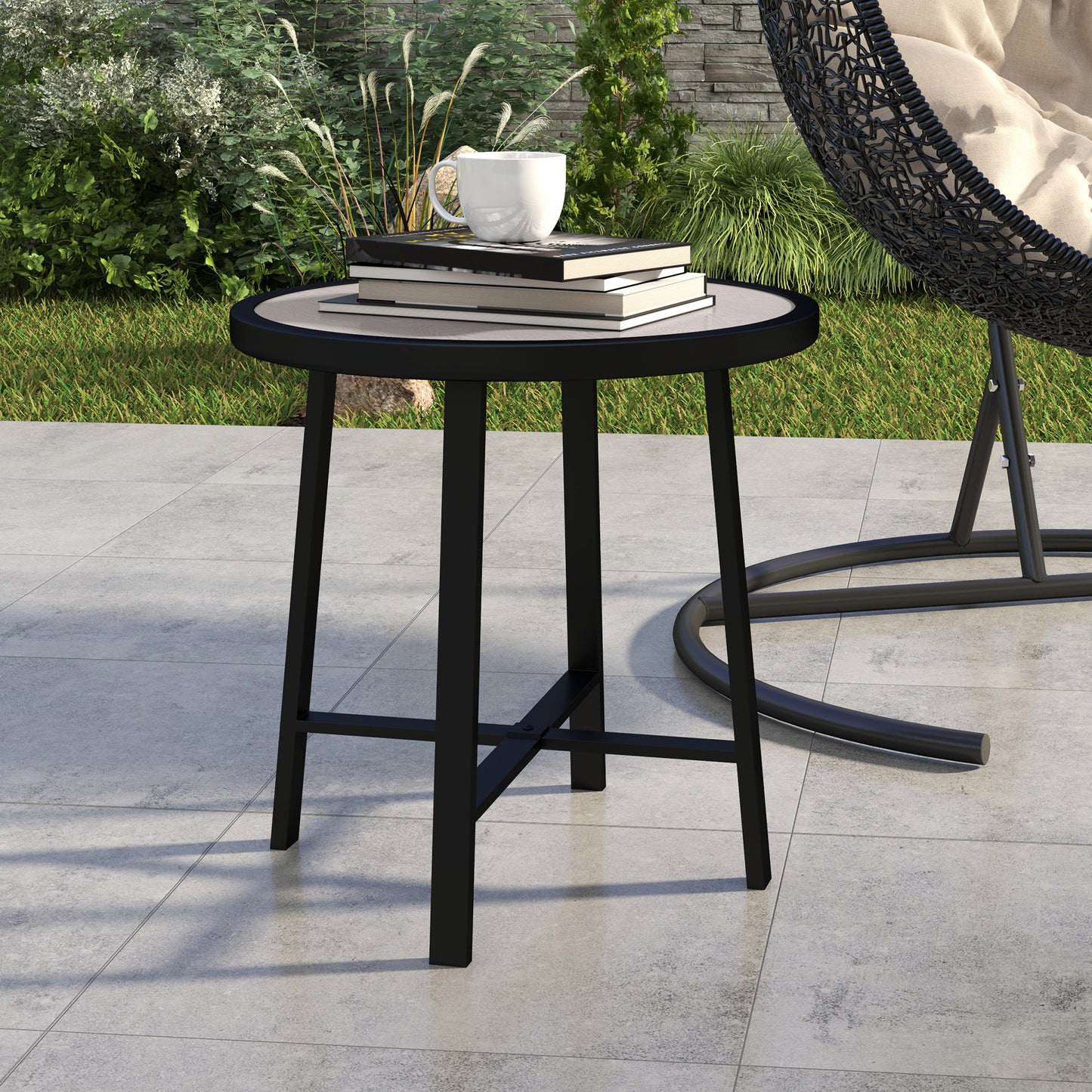 Outsunny Round Garden Table 50.5cm With SPC Tabletop Powder Coated Metal Frame Grey Wood Effect Anti Slip Feet