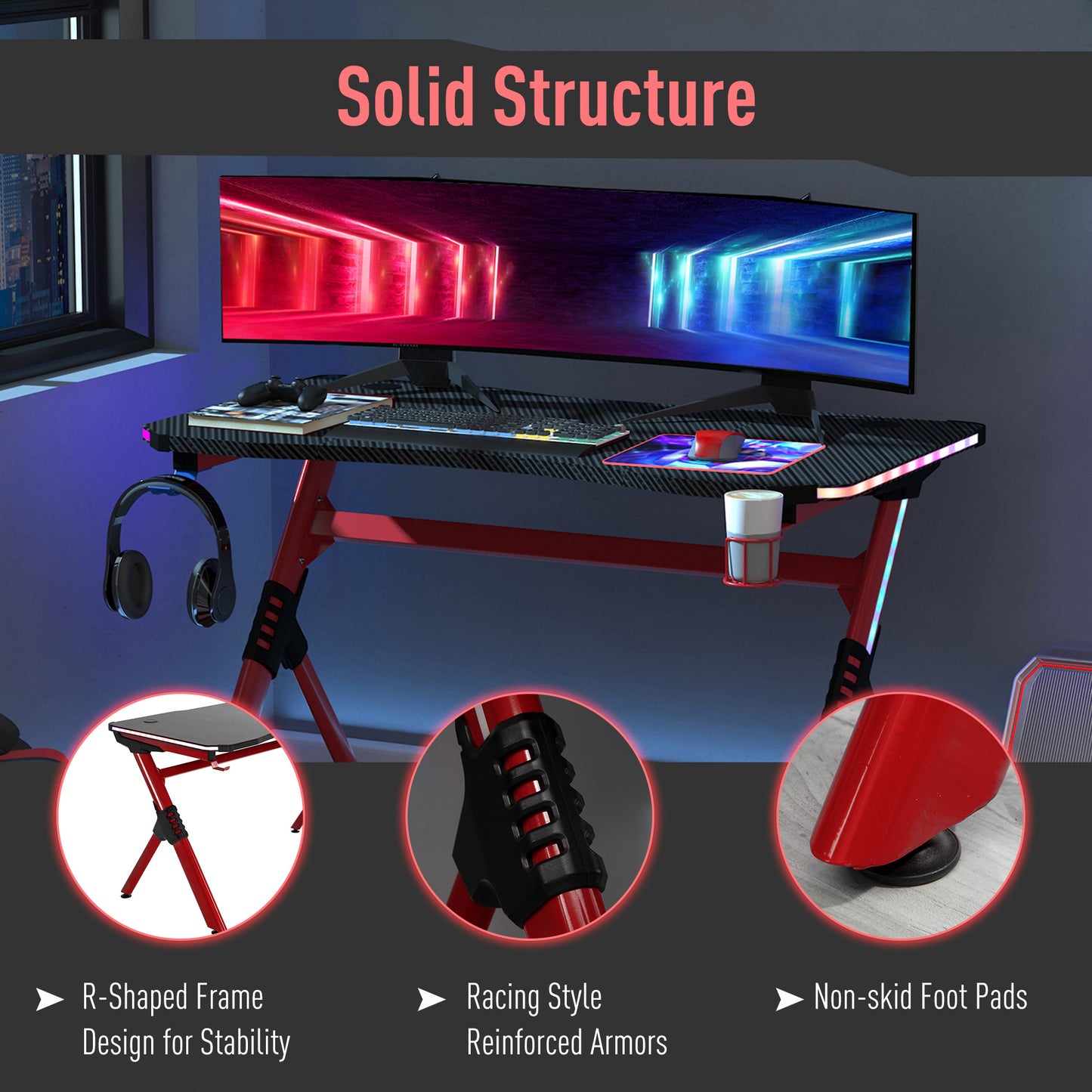 HOMCOM RGB LED Gaming Desk with Racing Style Design, Cup Holder & Cable Management in Red - ALL4U RETAILER LTD