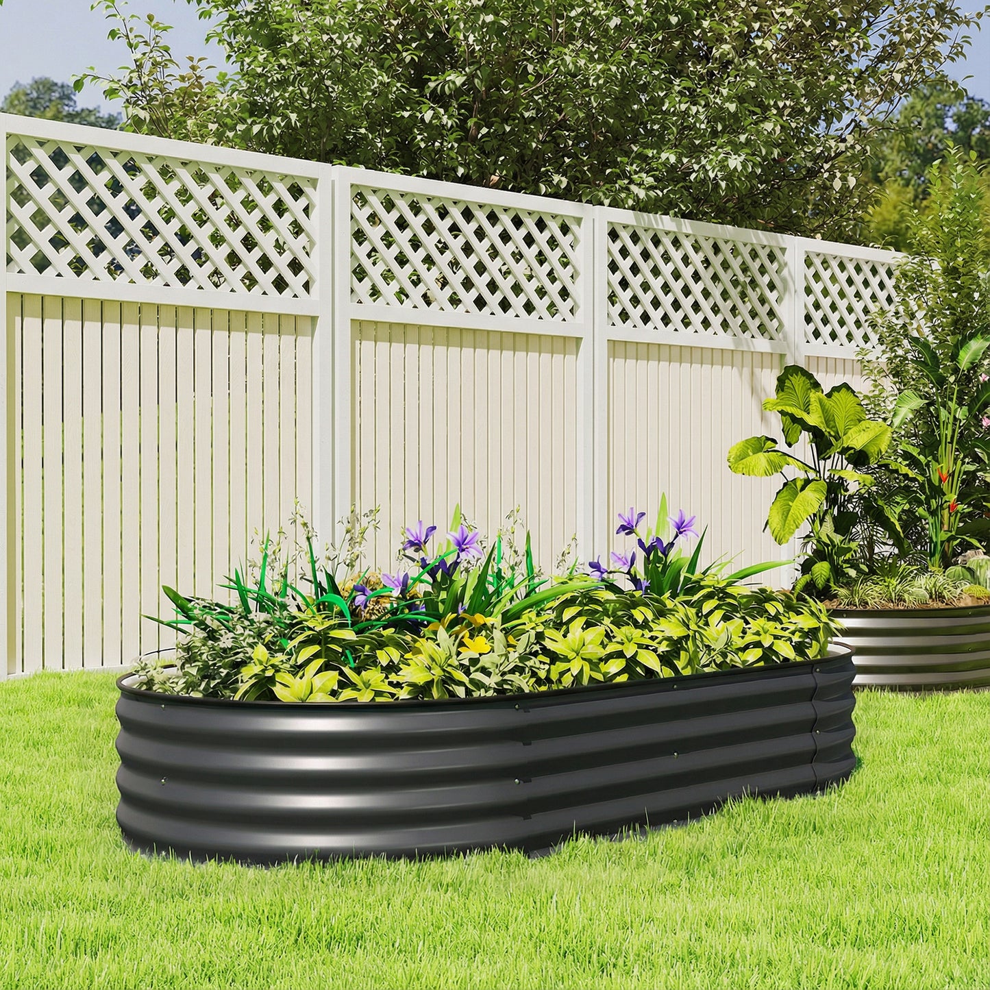 Outsunny Galvanised Raised Garden Bed With Safety Edging Planter Box For Flowers Herbs Succulents Dark Grey