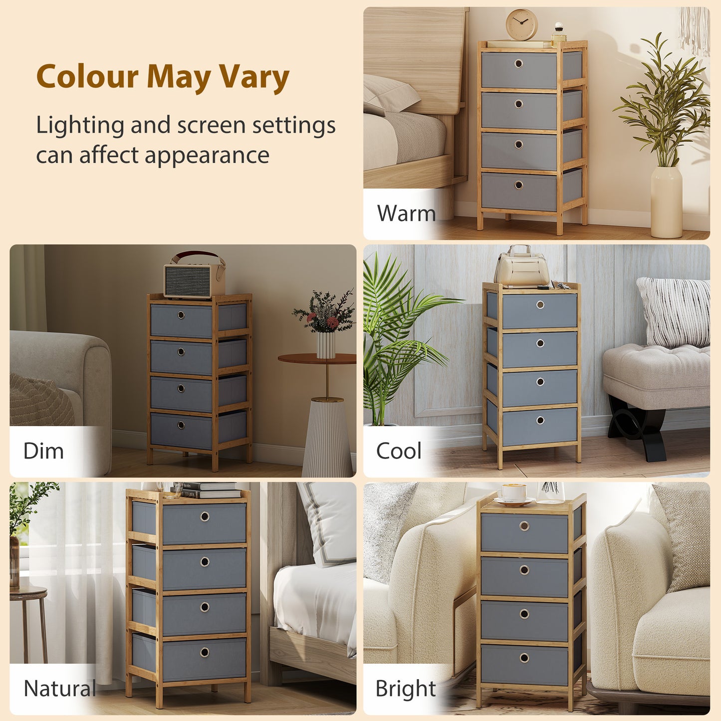 HOMCOM Chest of Drawers Narrow Dresser With Four Fabric Drawers and Bamboo Frame in Light Grey