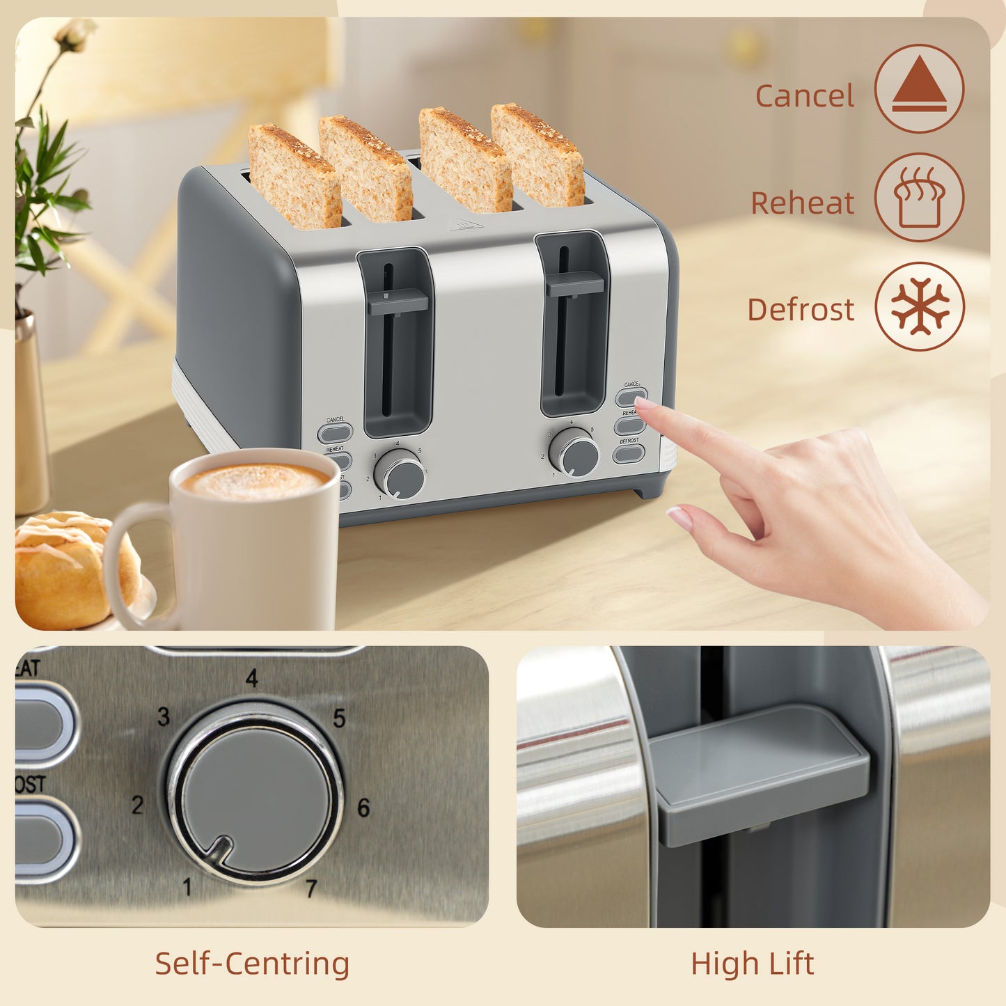 HOMCOM Stainless Steel Panel Kettle and Toaster Set 1.7L With UK Strix Thermostat Grey