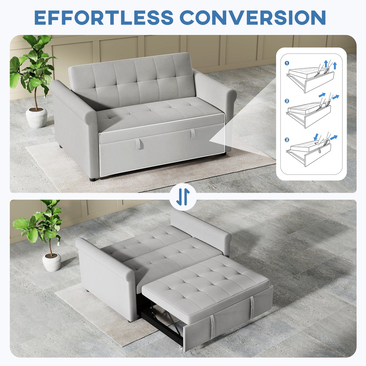 HOMCOM Two-Seater Velvet-Feel Sofa Bed Grey With Adjustable Back and High-Density Foam