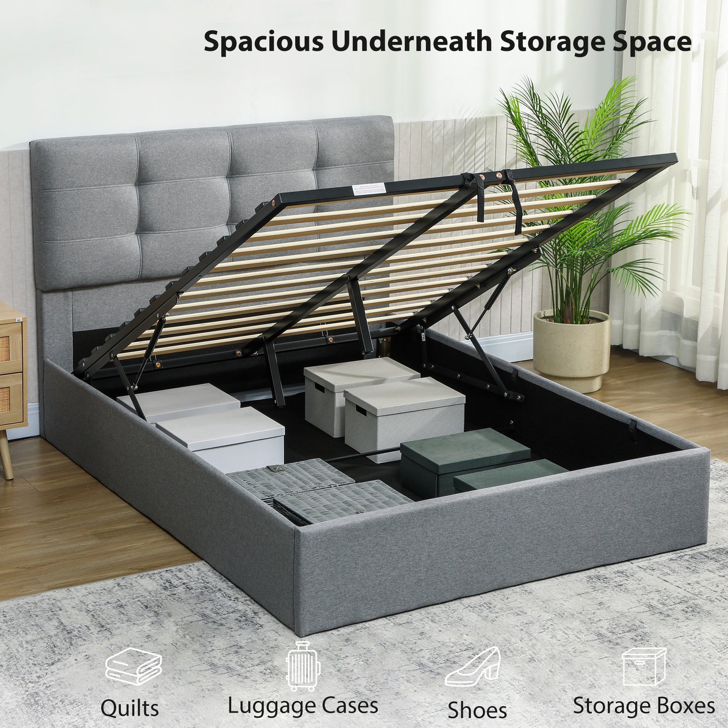 HOMCOM 4ft6 Double Ottoman Bed With Gas Lift Storage Grey Space Saving Underbed Storage Solution