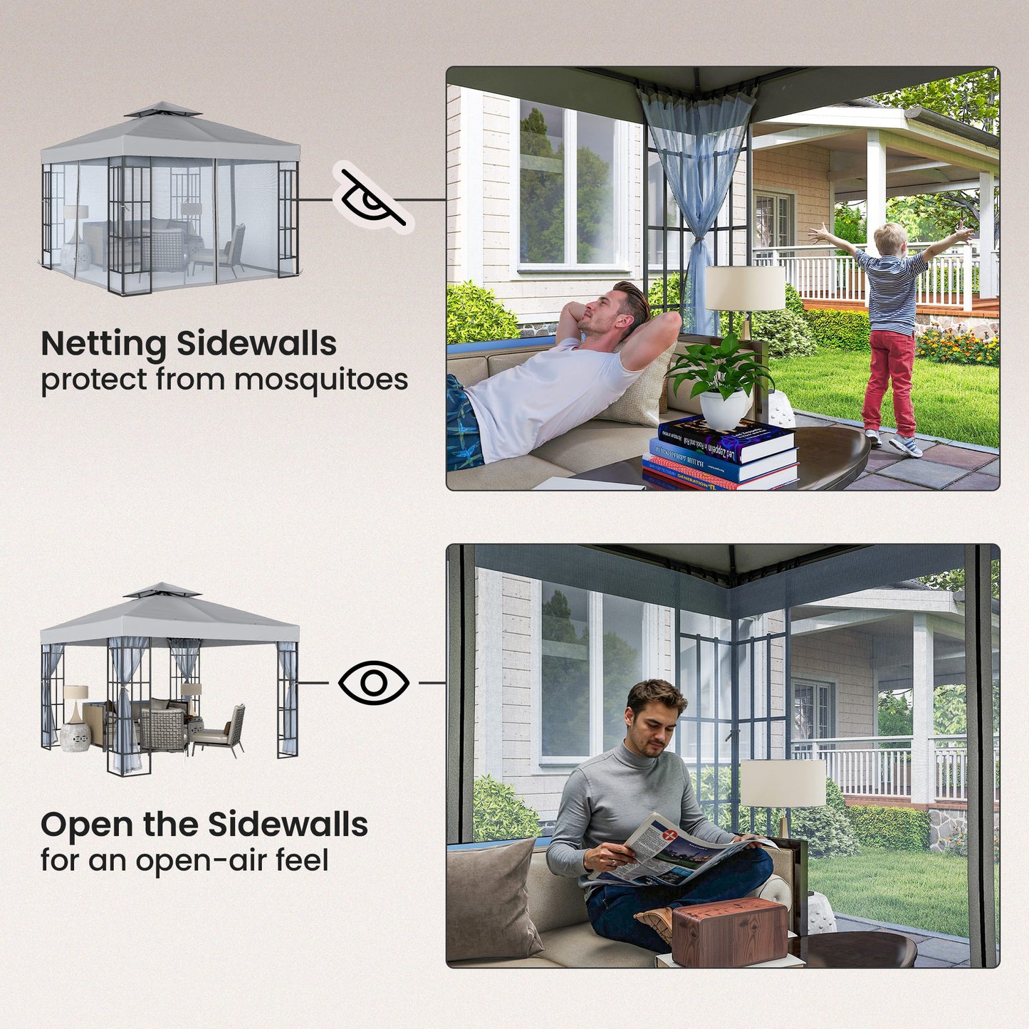 Outsunny 3x3m Patio Gazebo Canopy Garden Pavilion Tent Shelter With Mosquito Netting 2 Tier Roof Light Grey