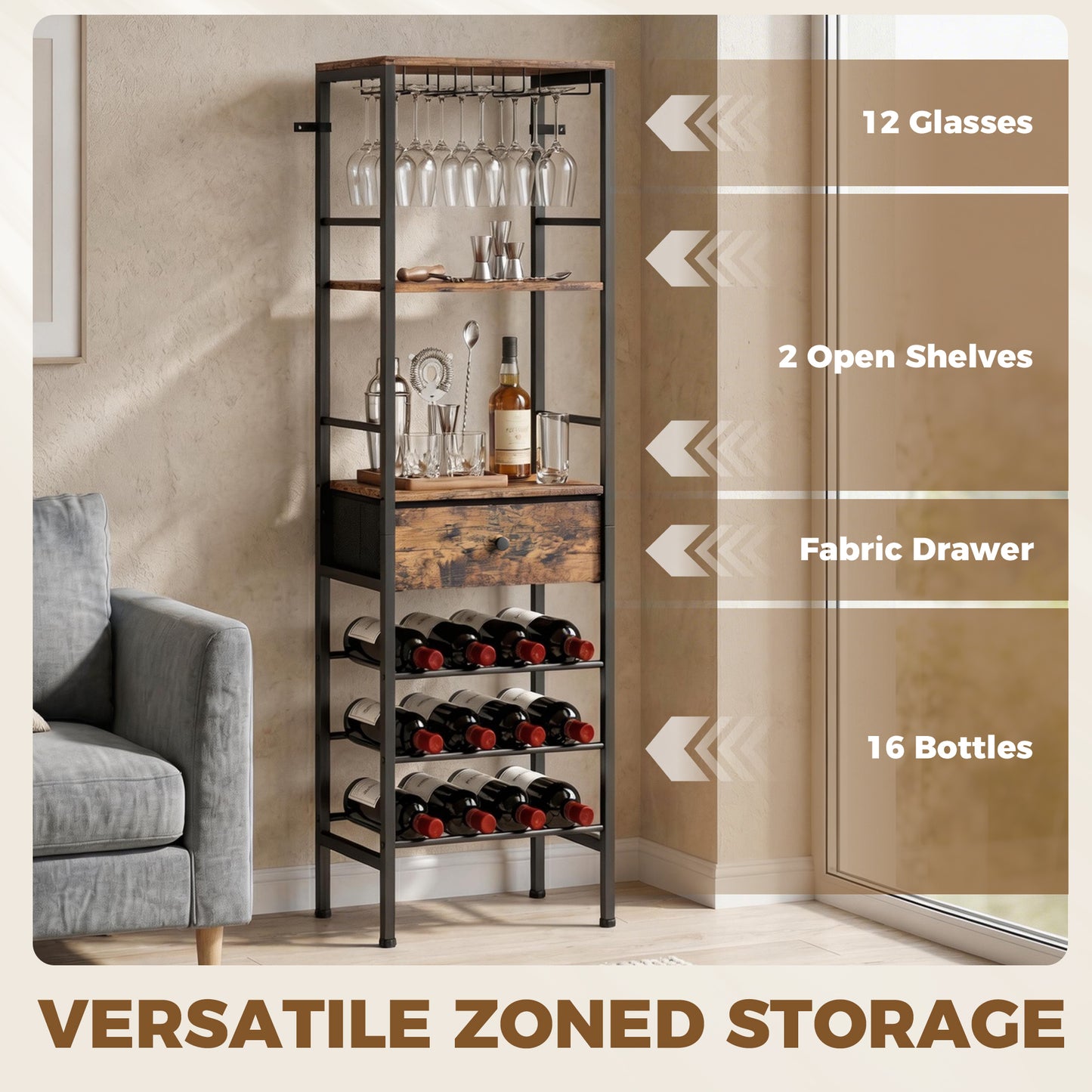 HOMCOM Industrial Wine Bar Cabinet Freestanding Liquor Cabinet Featuring 16 Bottle Wine Rack Glass Holder Rustic Brown