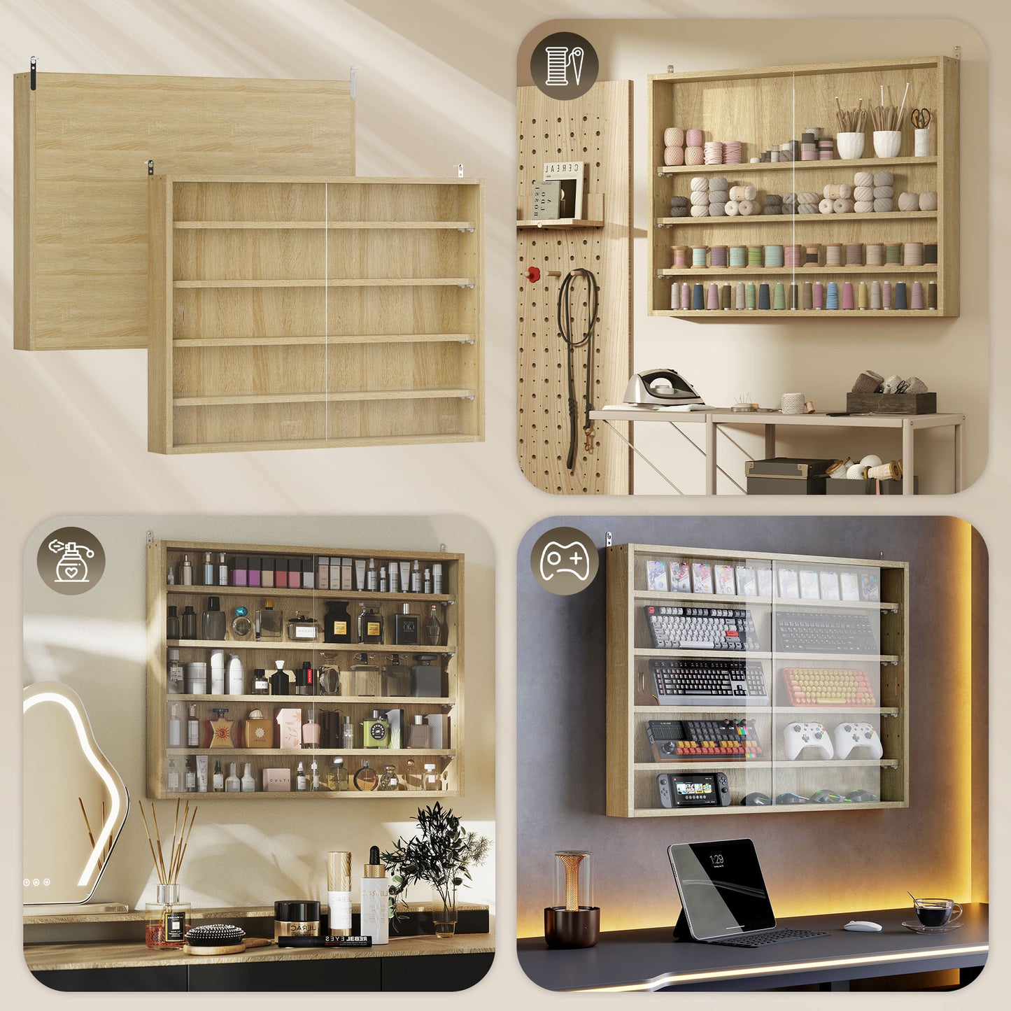HOMCOM 5 Tier Wall Display Cabinet With Glass Doors 4 Adjustable Shelves Oak Finish 60x80cm Home Office Ornaments