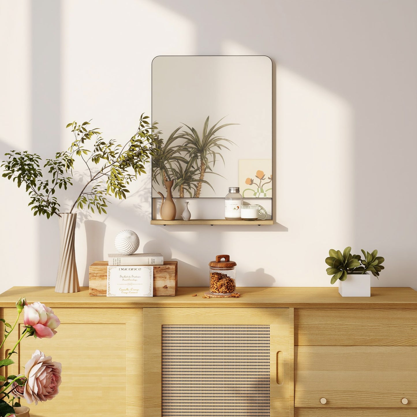 HOMCOM Wall Mirror With Wood Shelf Black Industrial Metal Frame Entryway Organizer And Decor