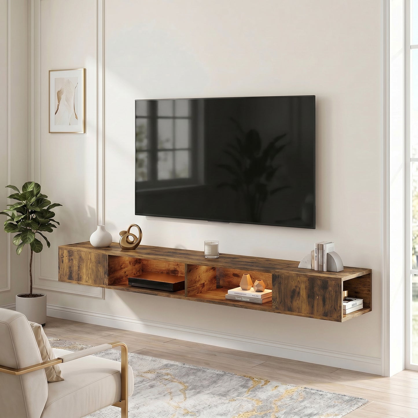 HOMCOM Wall Mounted TV Stand With RGB LED Lights For 75 Inch TV Rustic Brown Floating Entertainment Centre