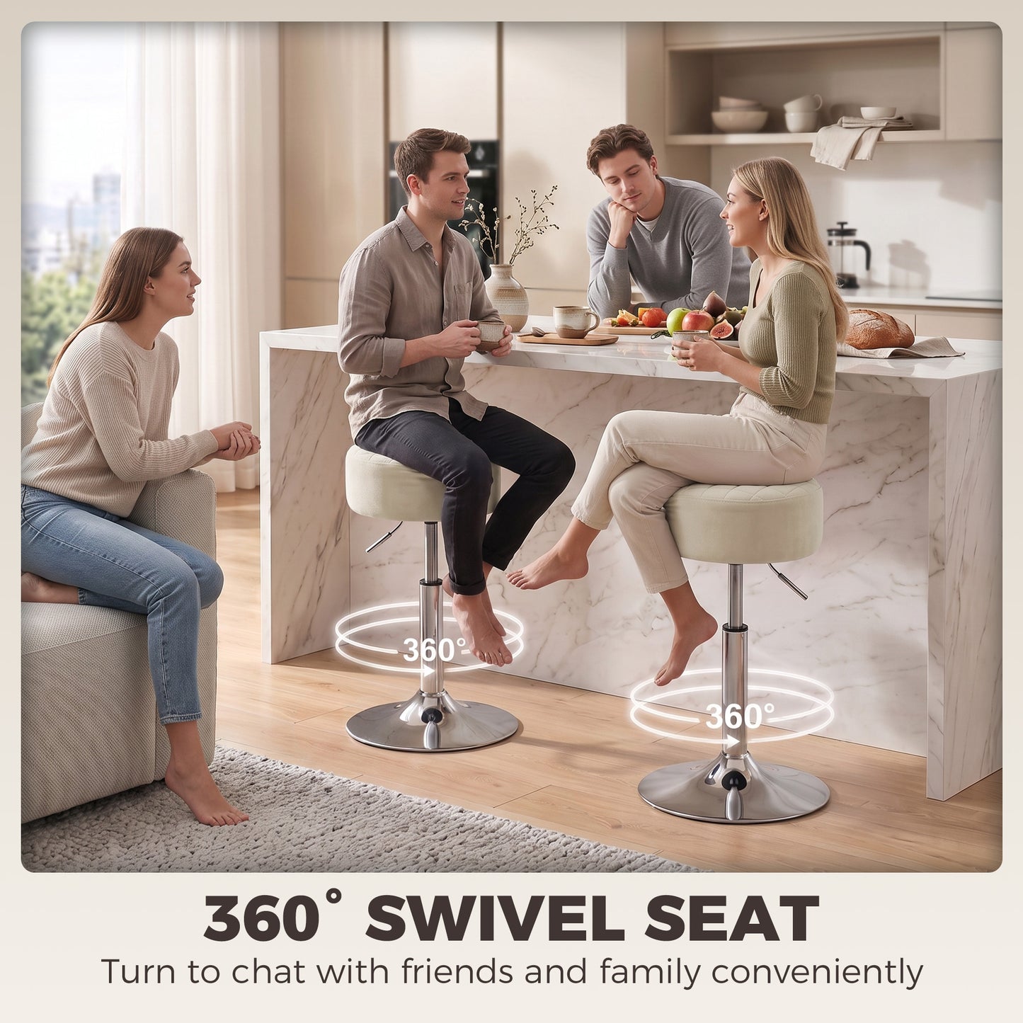 Homcom Adjustable Height Bar Stool Swivel Velvet Seat Kitchen Beige