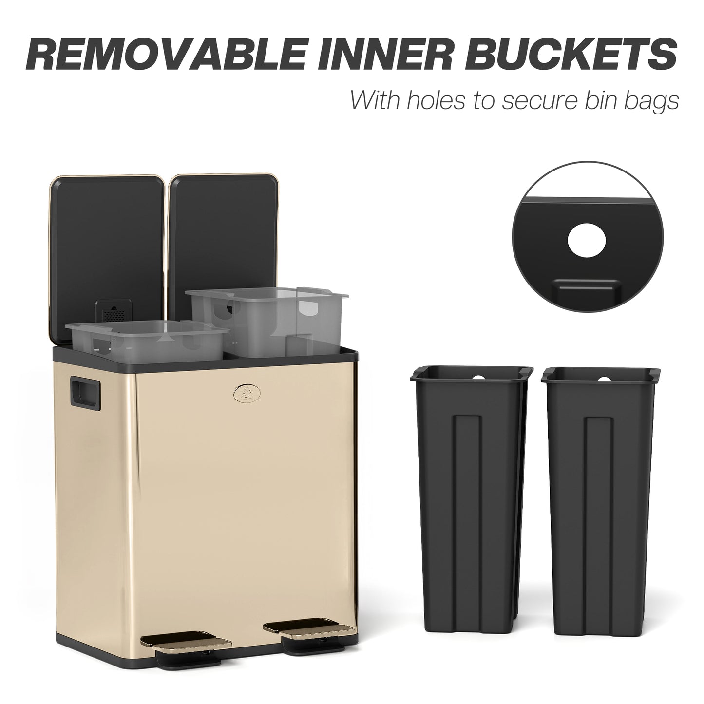 Homcom 40L Dual Compartment Stainless Steel Bin With Deodoriser Holders Gold Tone