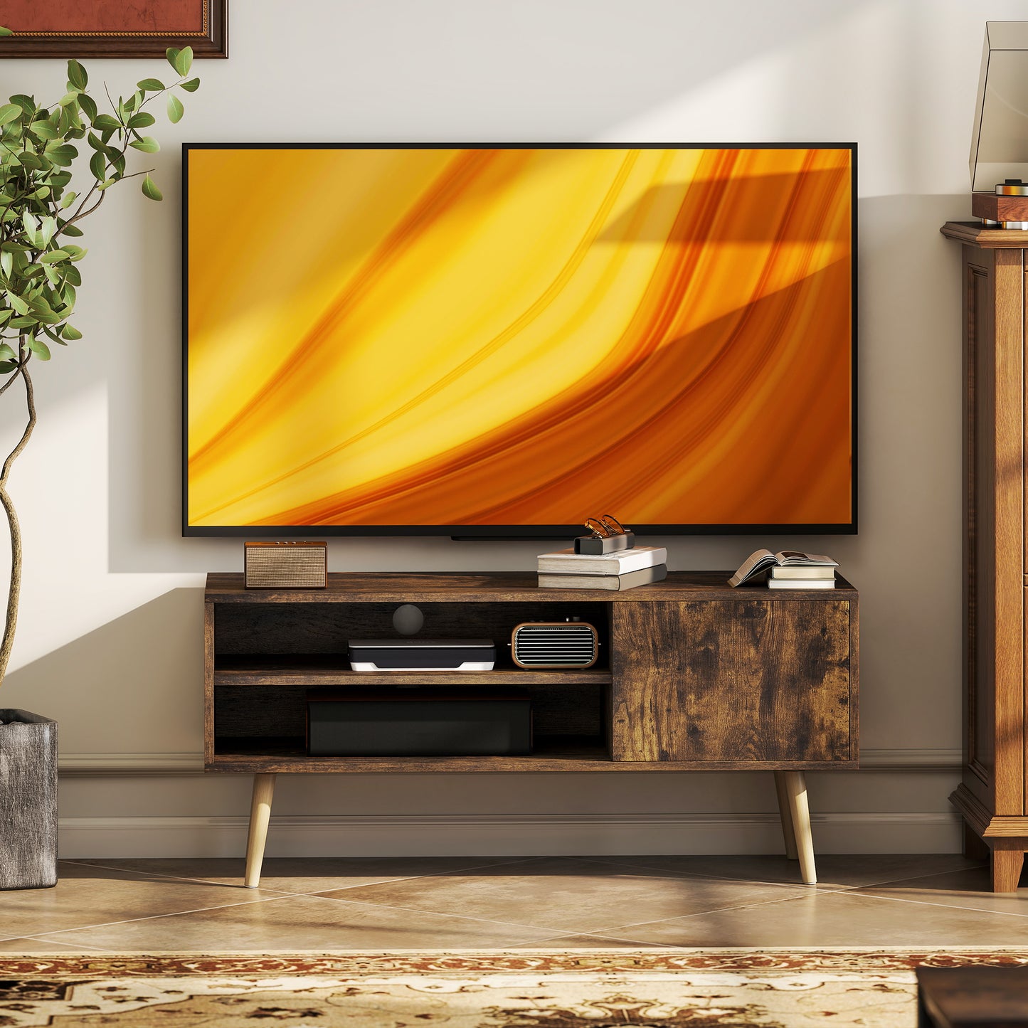 HOMCOM TV Stand For 55 Inch TVs With Open Shelves And Cable Holes Brown Finish Two Storage Shelves And Cupboard