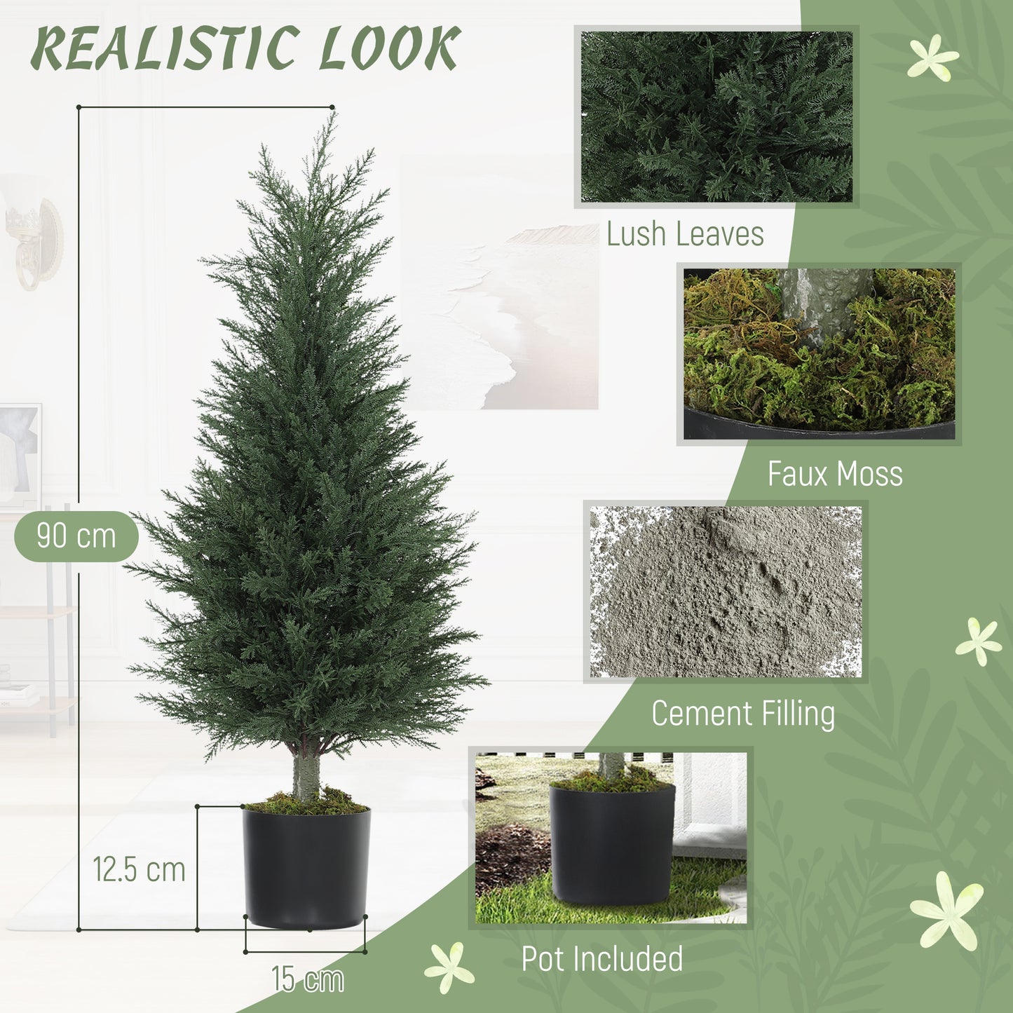 HOMCOM 90 CM Artificial Cypress Trees 2 Pack In Cement Pots UV Resistant Faux Plants For Garden Front Porch Decor