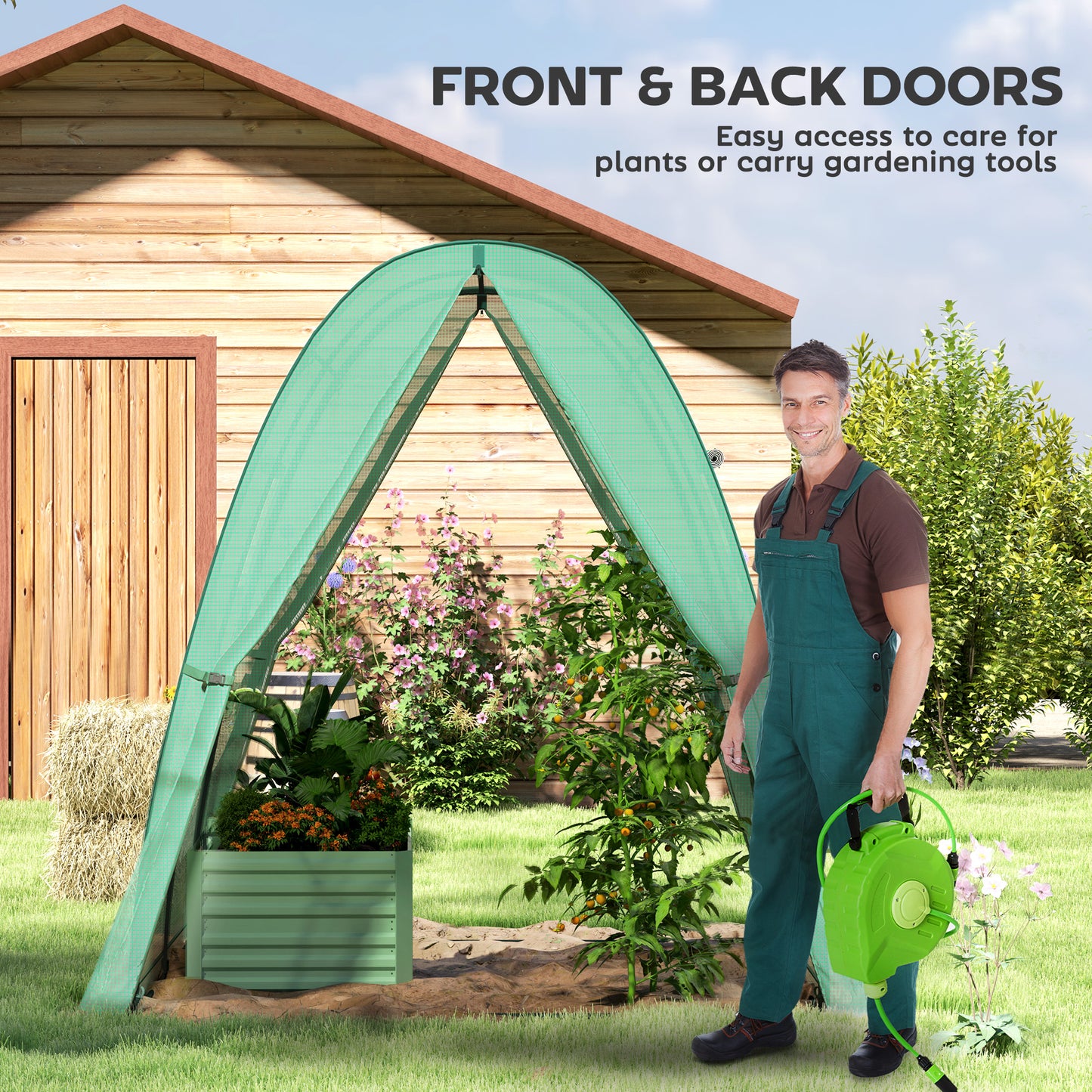 Outsunny Polytunnel Greenhouse 1.8m By 1.8m By 2m Walk In With 2 Doors Screen Windows Sandbag Weights Green