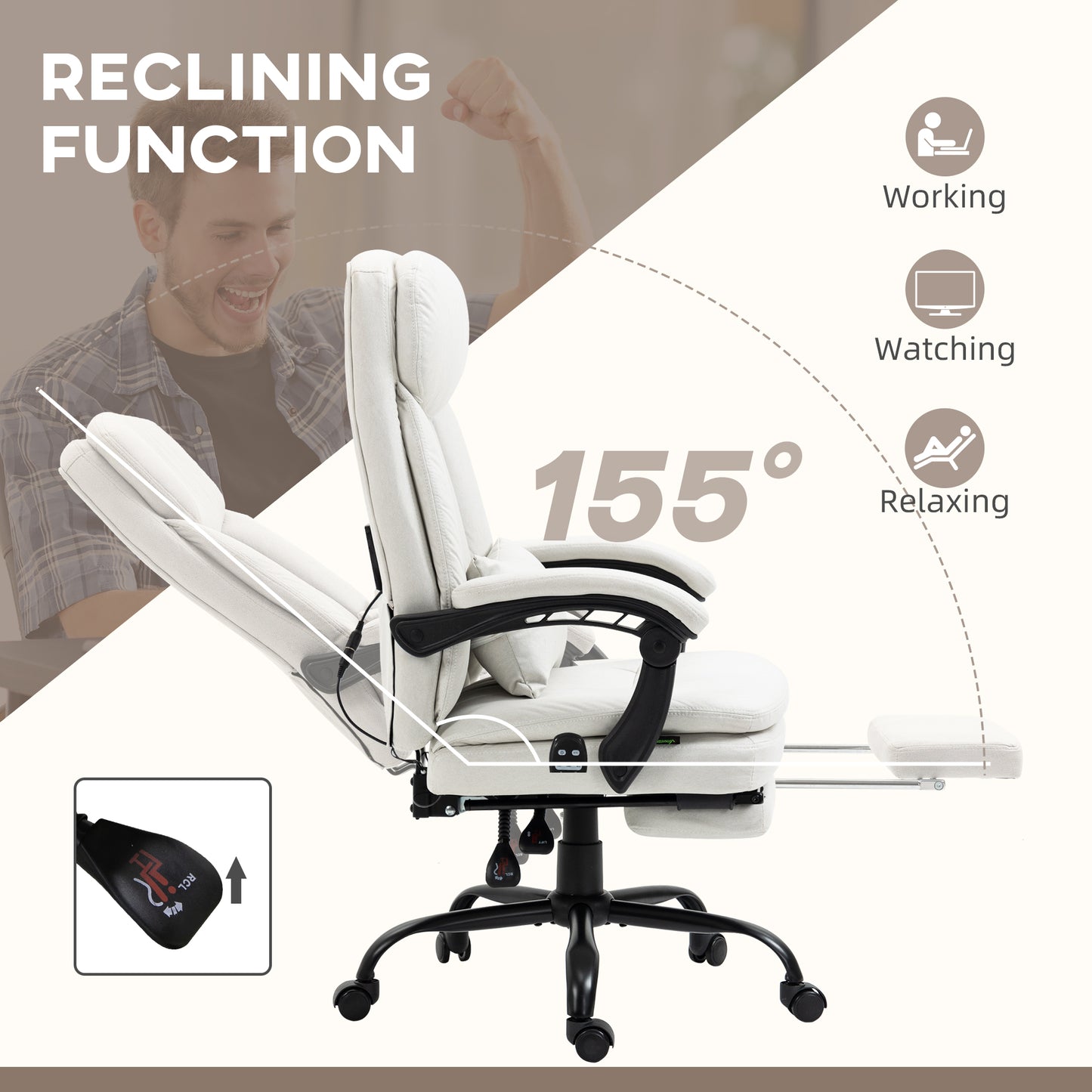 Vinsetto Cream White Vibration Massage Office Chair with Heat & Footrest, Reclining Back & Lumbar Support Pillow - ALL4U RETAILER LTD