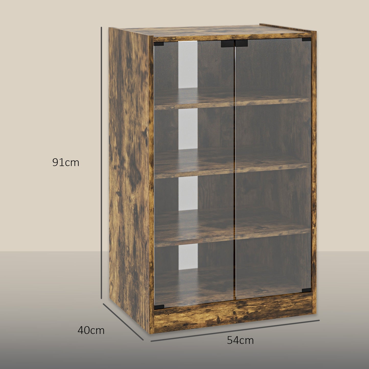 HOMCOM 4 Tier HiFi Record Player Stand With Adjustable Shelves And Push To Open Glass Doors Rustic Brown