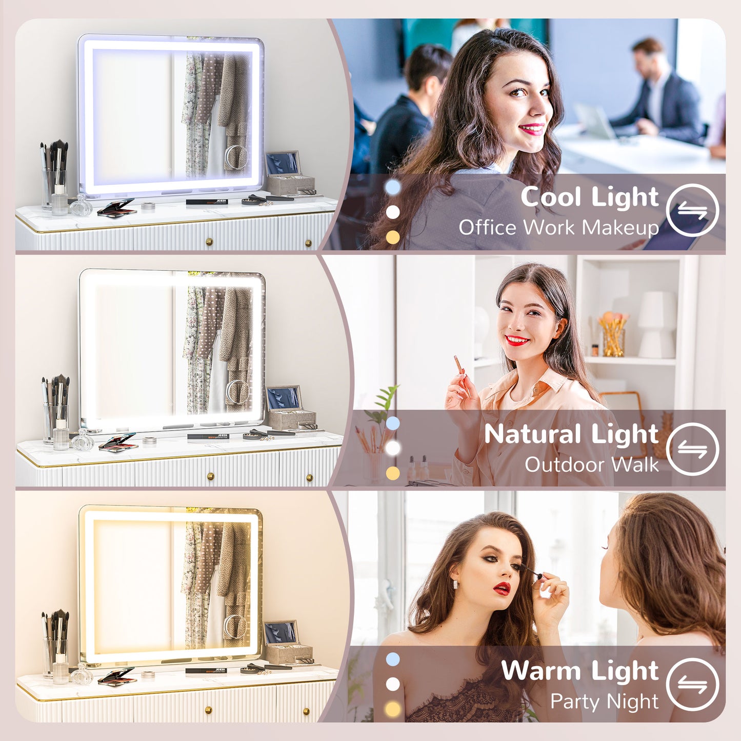 HOMCOM Vanity Mirror With Lights 80x62 Cm Makeup Mirror 3 Colour Temperature 10X Magnification Touch Screen USB Port