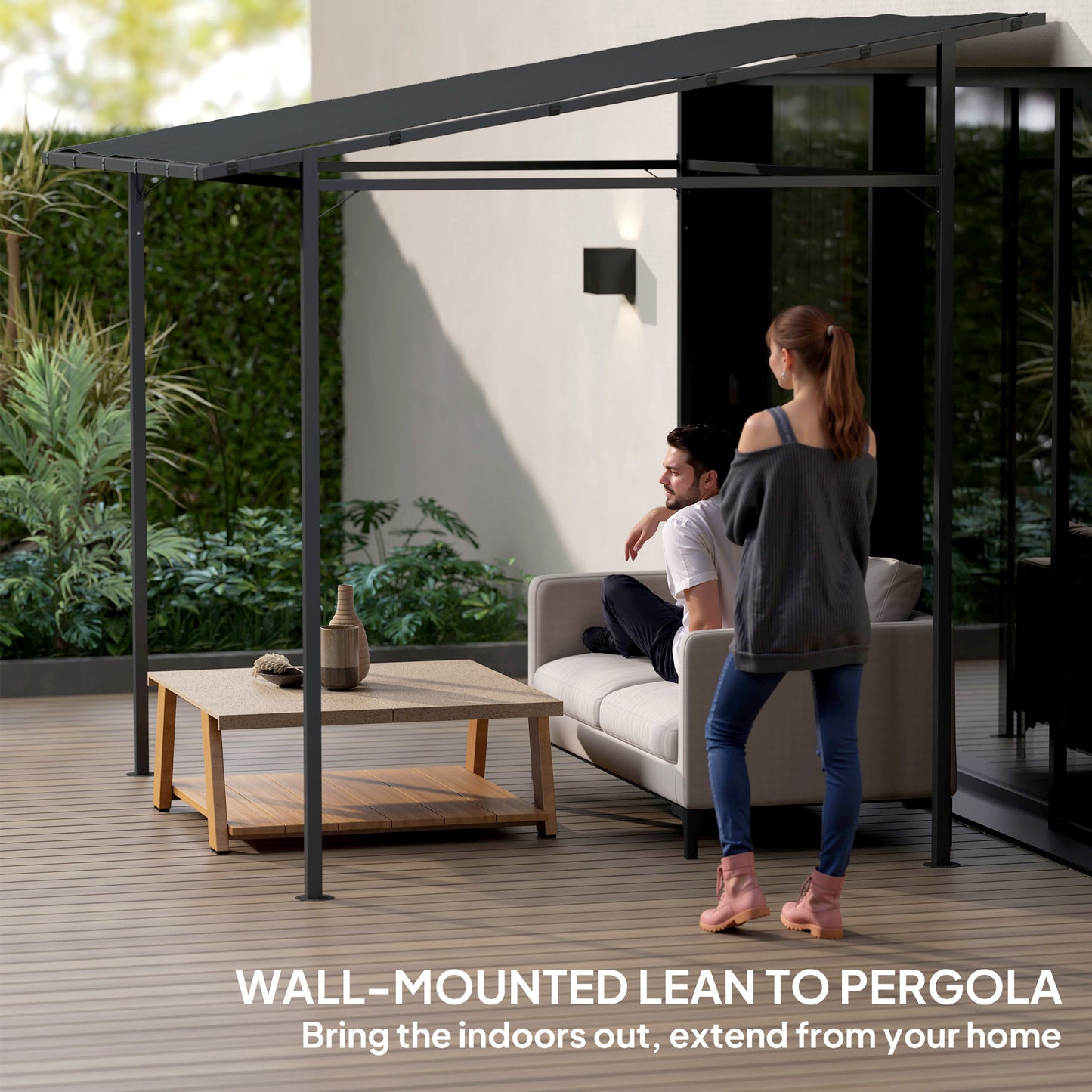 Outsunny 2.4m by 2.4m Wall Mounted Pergola Gazebo with PA Coated Fabric and Metal Frame UPF30 Sun Shade Dark Grey