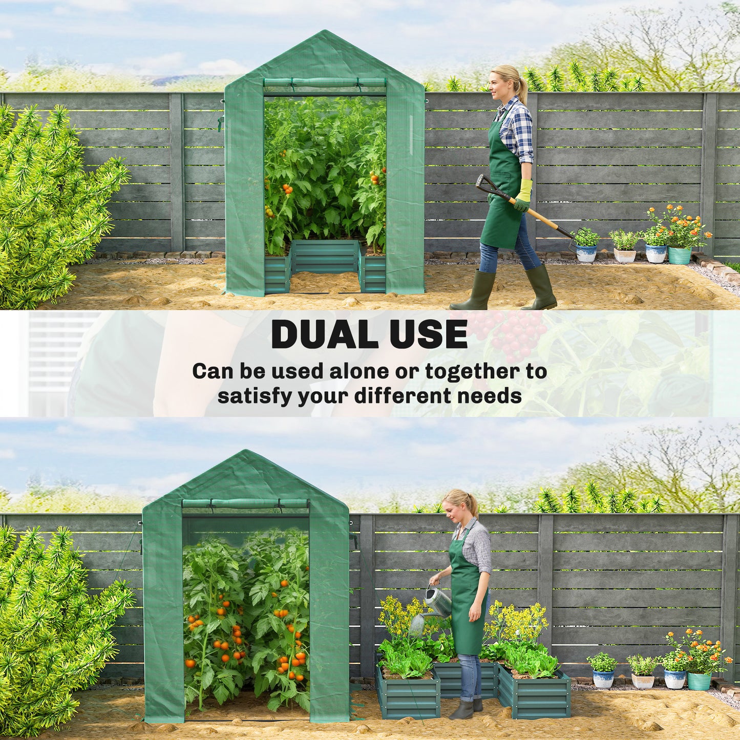 Outsunny Small Greenhouse With Raised Garden Bed Walk In Greenhouse With Roll Up Windows 141 X 141 X 190 Cm Green