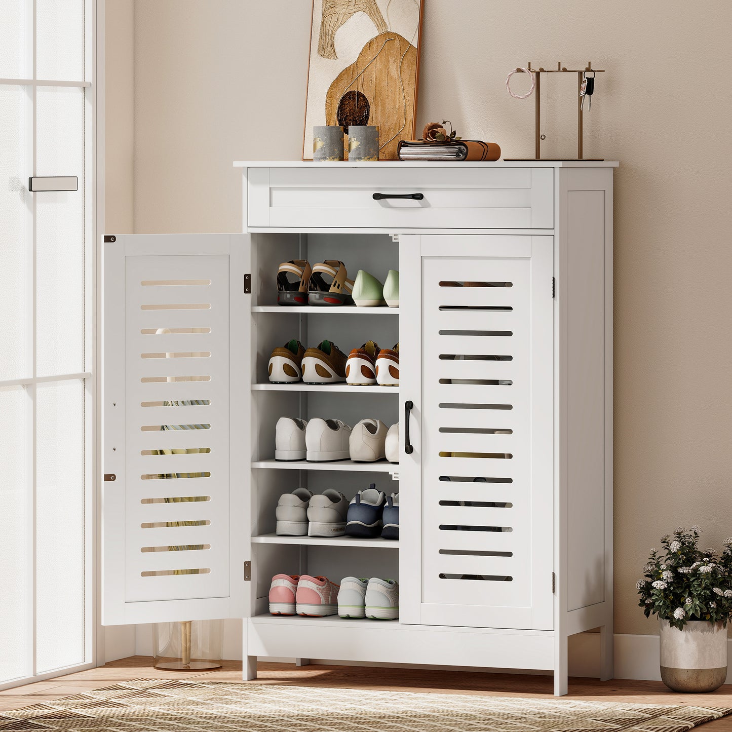 HOMCOM White Shoe Cabinet With Louvered Doors And Adjustable Shelves Modern Storage With Drawer