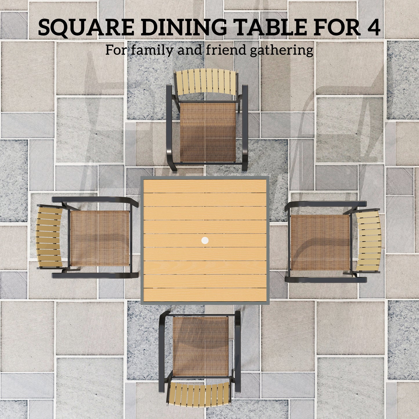 Outsunny 90 cm Outdoor Dining Table For 4 With Umbrella Hole Wood Effect Top Rust Resistant Steel Frame Patio