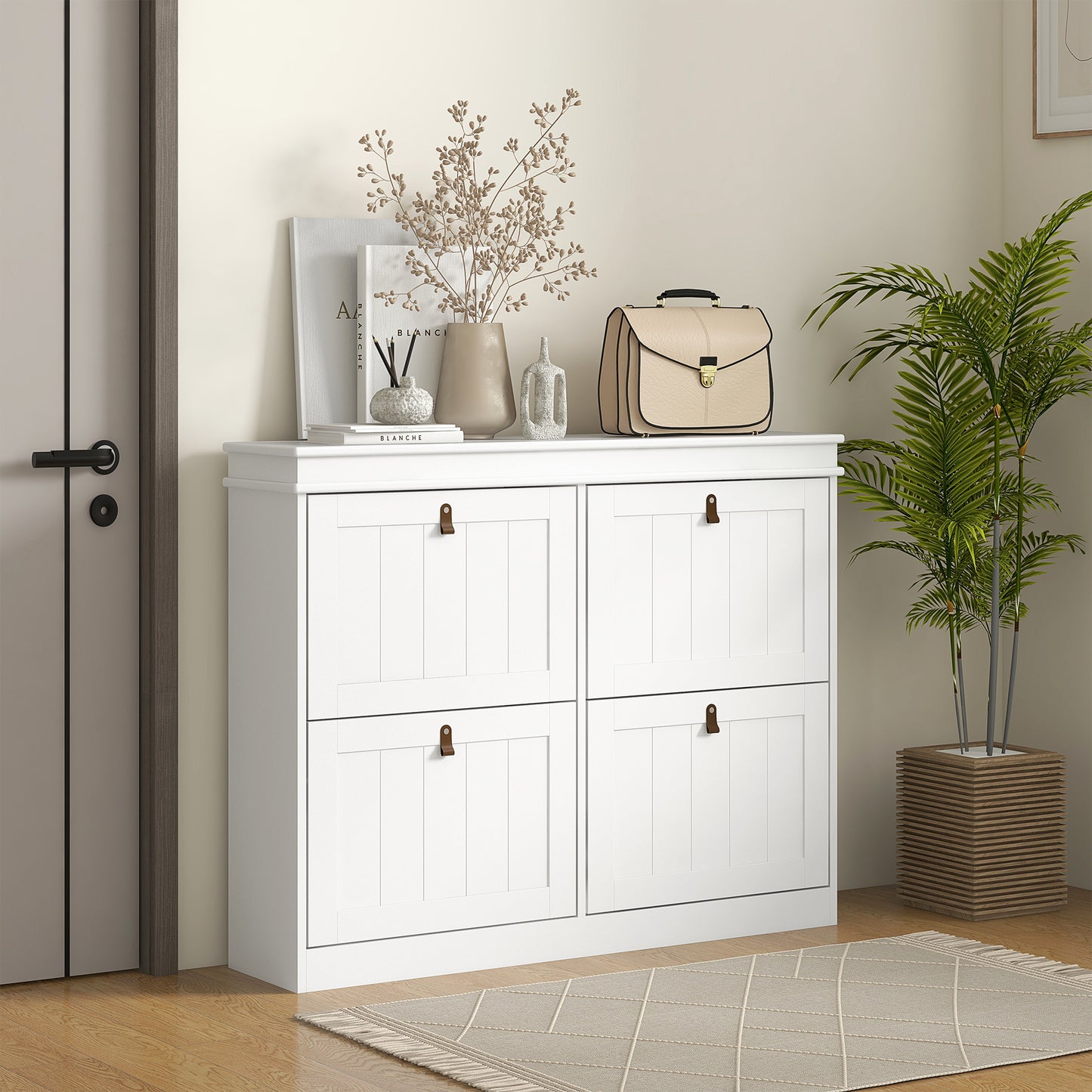 HOMCOM Slim Shoe Cabinet With Four Drop Down Doors Adjustable Shelves Anti Tip Design White