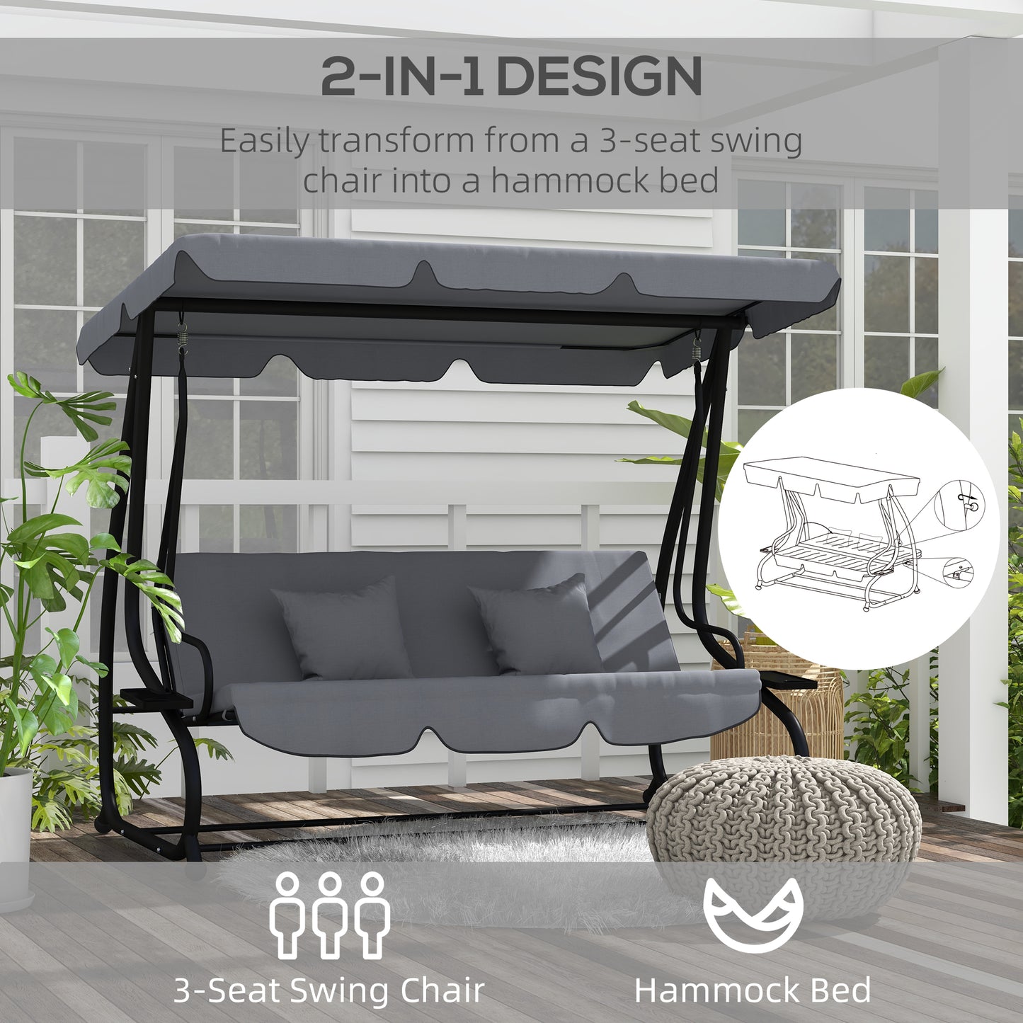 Outsunny Three Person Garden Swing Chair With Adjustable Canopy And Convertible Bed Light Brown