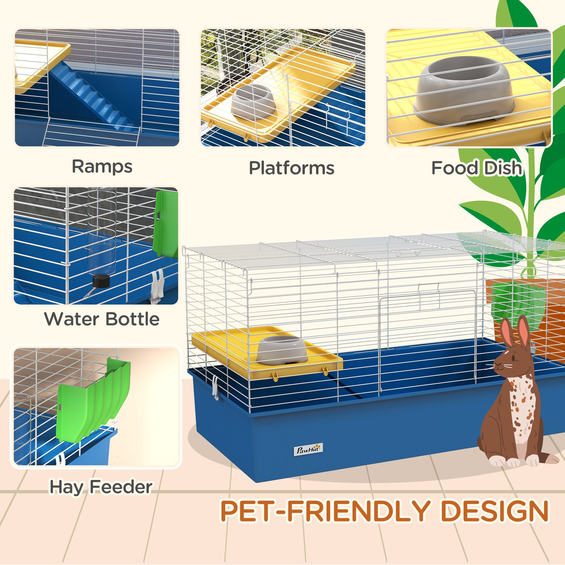 PawHut Blue Small Animal Habitat for Chinchillas, Rabbits, and Guinea Pigs with Ramp and Platform, 99 x 52 x 53cm - ALL4U RETAILER LTD