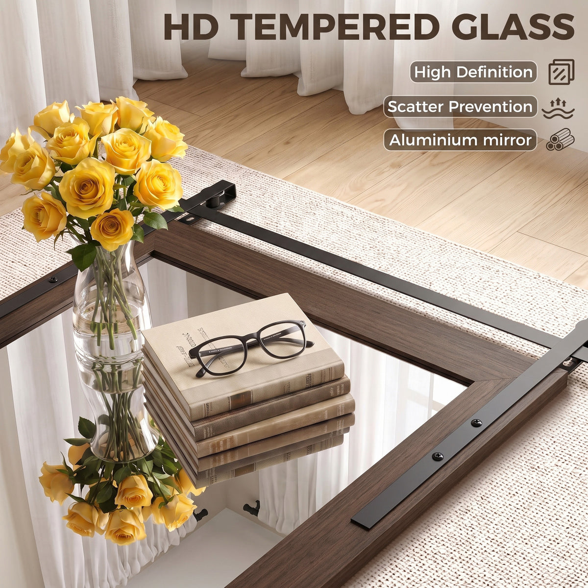 Rectangular farmhouse wall mirror with dark brown frame and black side mounting brackets