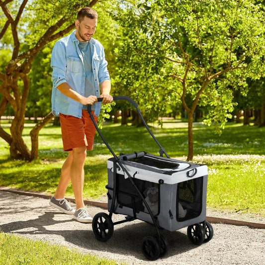 PawHut Foldable Dog Stroller with Detachable Carrier, Soft Padding - Pet Travel Crate for Mini, Small Dogs - Grey - ALL4U RETAILER LTD