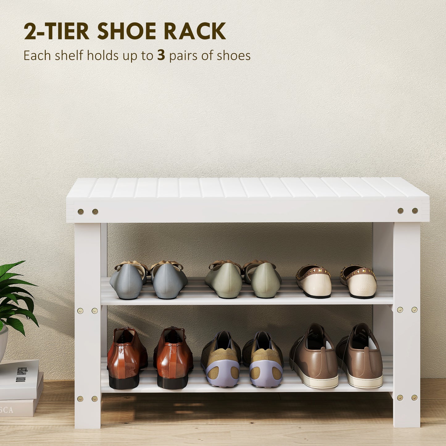 HOMCOM Bamboo Shoe Storage Bench With Two Shelves White Finish Ideal Entryway Organizer For Shoes And Boots
