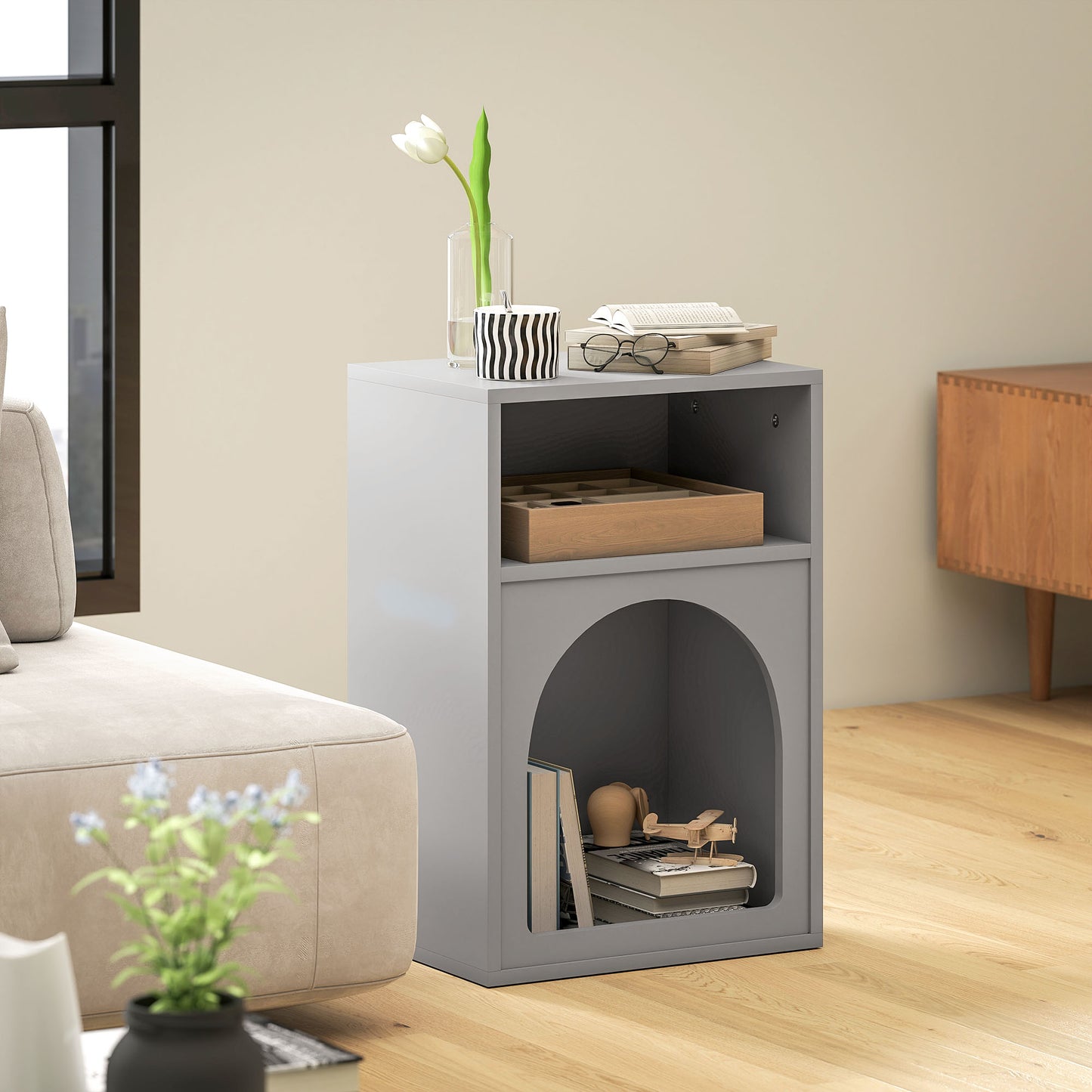 HOMCOM Bedside Table With Two Open Compartments Grey Arch Design End Table For Small Spaces