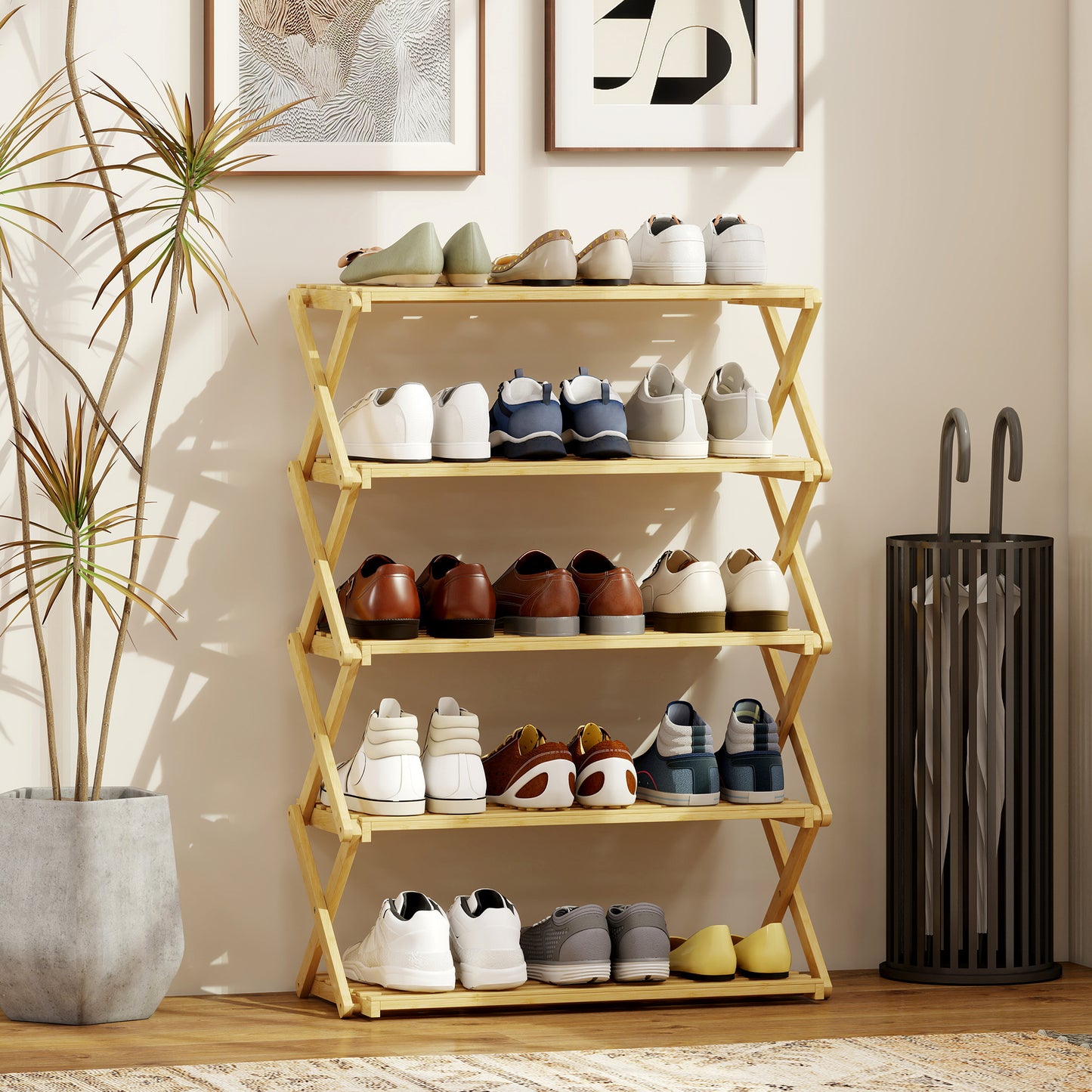 HOMCOM Five Tier Folding Bamboo Shoe Rack That Holds Up To 15 Pairs With Natural Finish