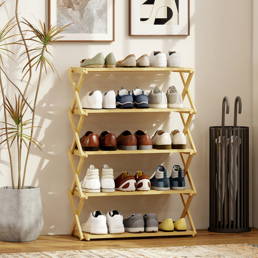 HOMCOM Five Tier Folding Bamboo Shoe Rack That Holds Up To 15 Pairs With Natural Finish