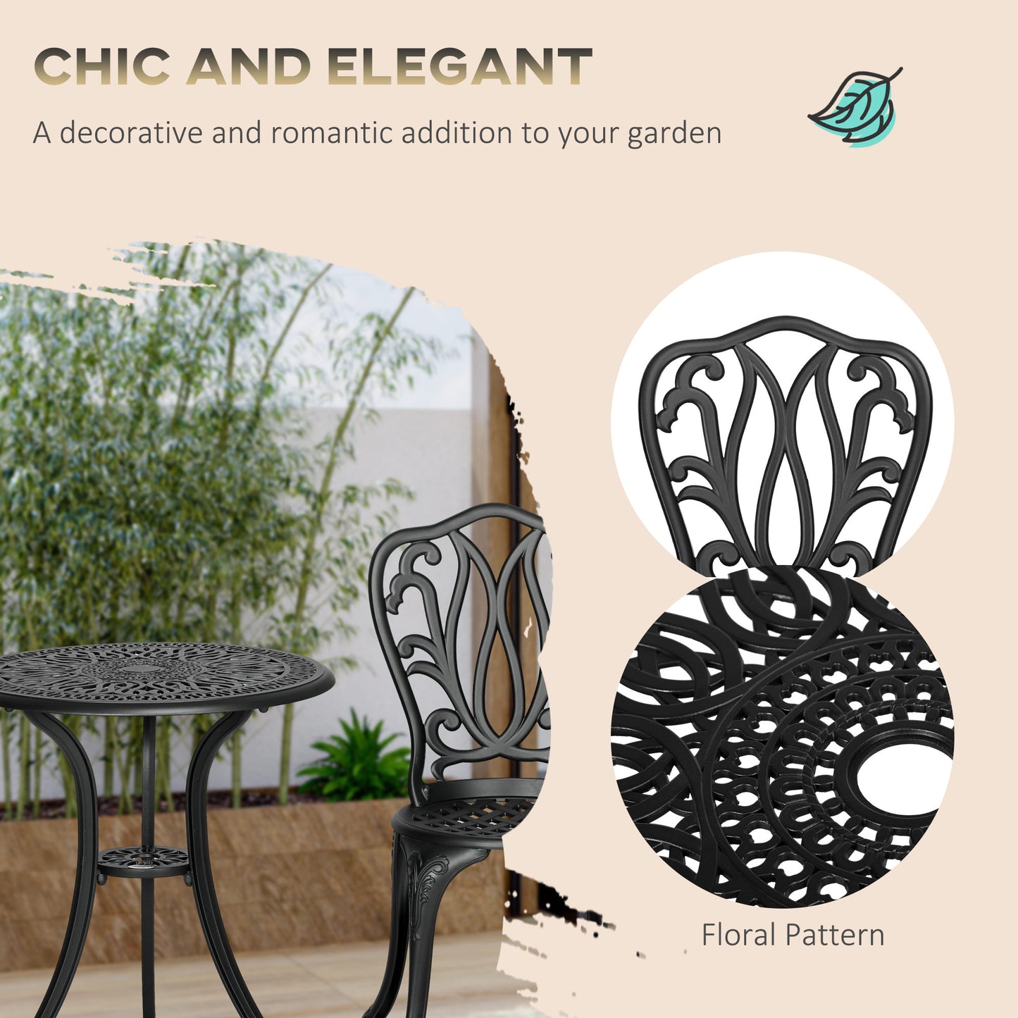 Outsunny 3 Piece Garden Bistro Set Cast Aluminium Outdoor Furniture With Umbrella Hole For Balcony Porch Patio Black