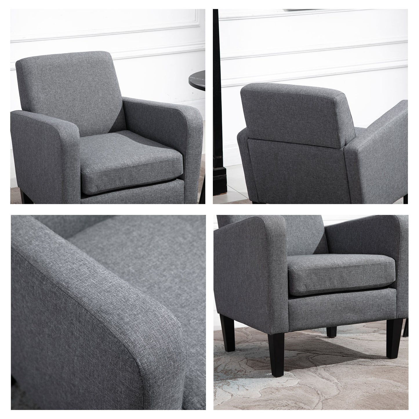 HOMCOM Set of 2 Contemporary Upholstered Armchairs with Rubber Wood Legs for Living Room - Grey - ALL4U RETAILER LTD