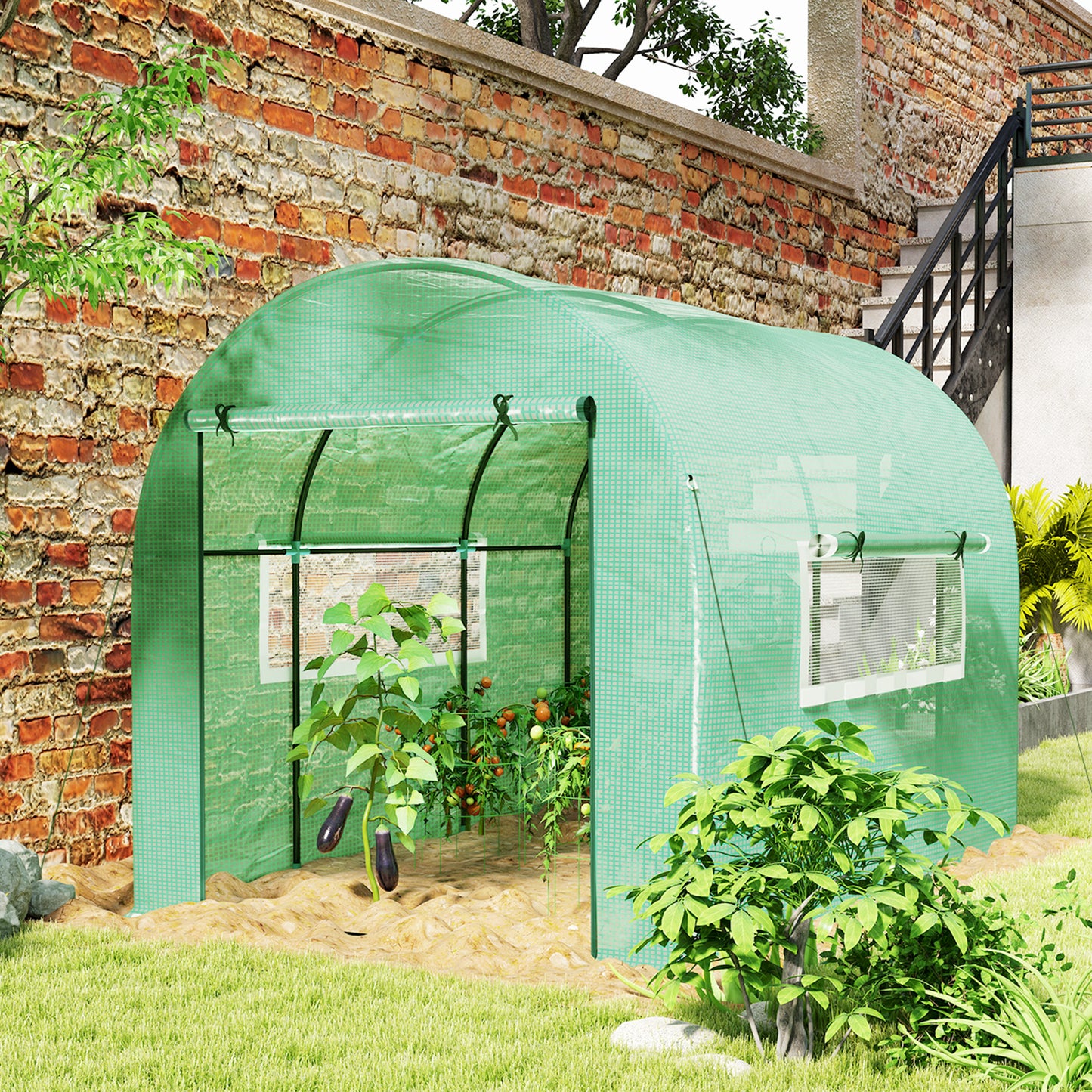 Outsunny 300 x 200cm Walk In Polytunnel Greenhouse With Zipped Doors And Mesh Windows