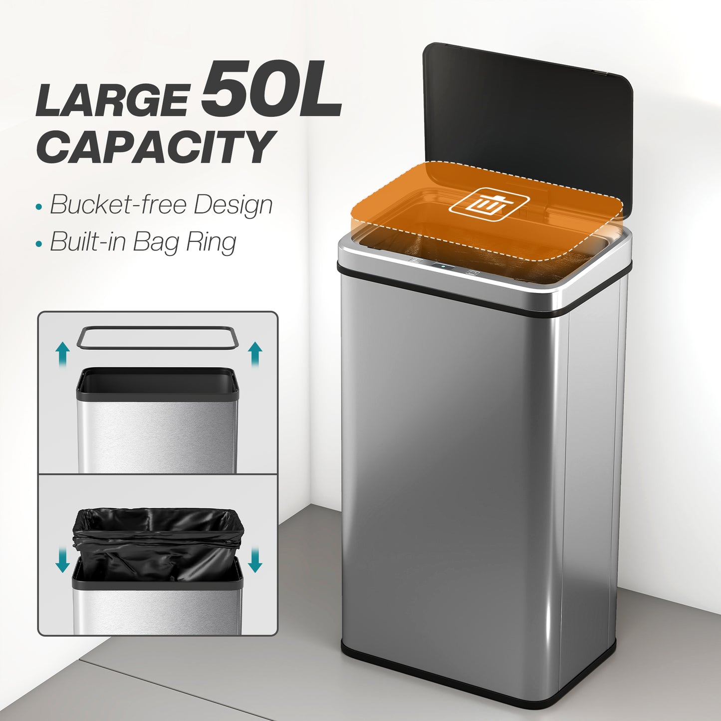 HOMCOM 50L Sensor Bin With Quiet Soft Close Lid Touchless Motion Sensor Stainless Steel Fingerprint Resistant