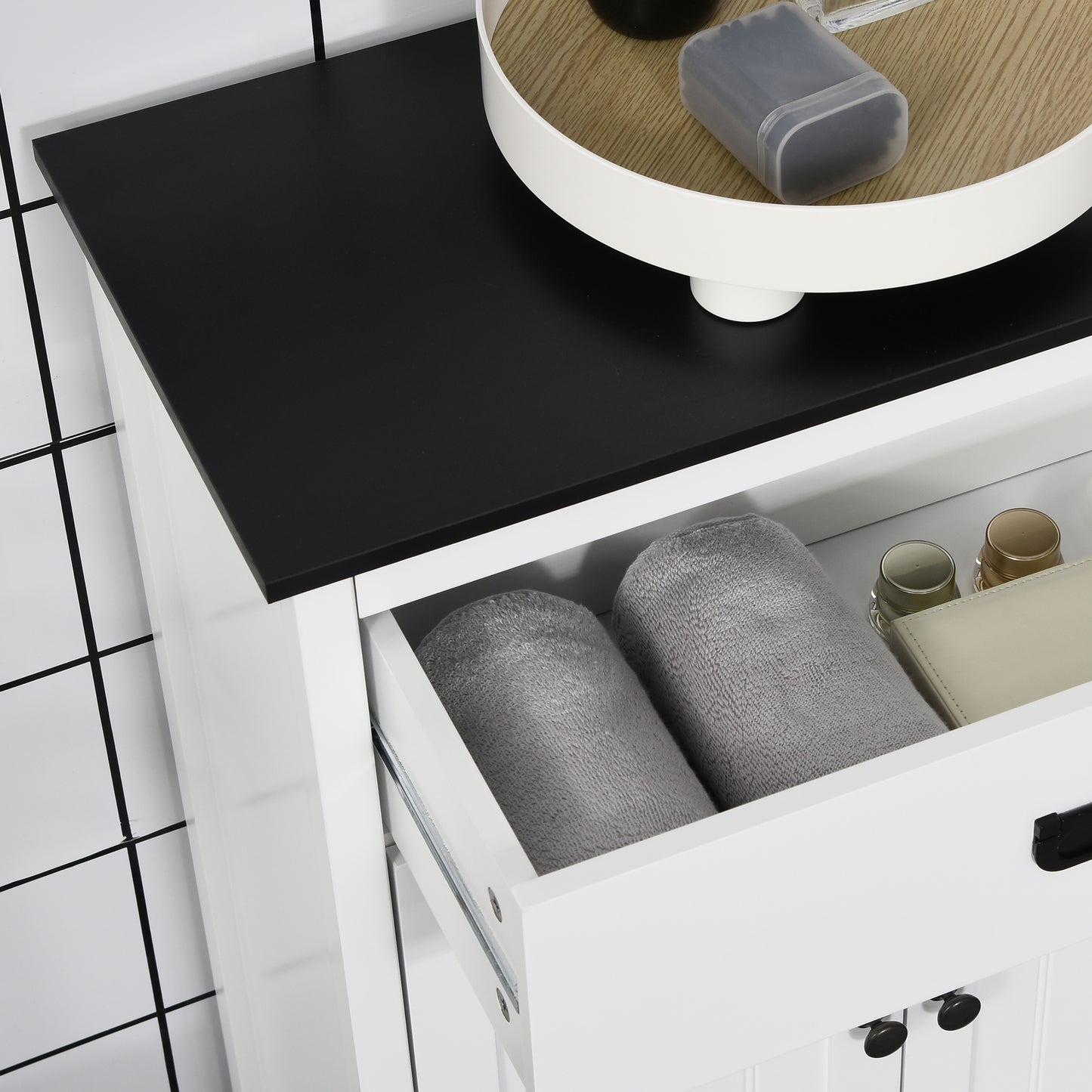 Kleankin White Bathroom Furniture Set Floor Cabinet With Drawers And Double Doors Tall Cabinet Adjustable Shelves
