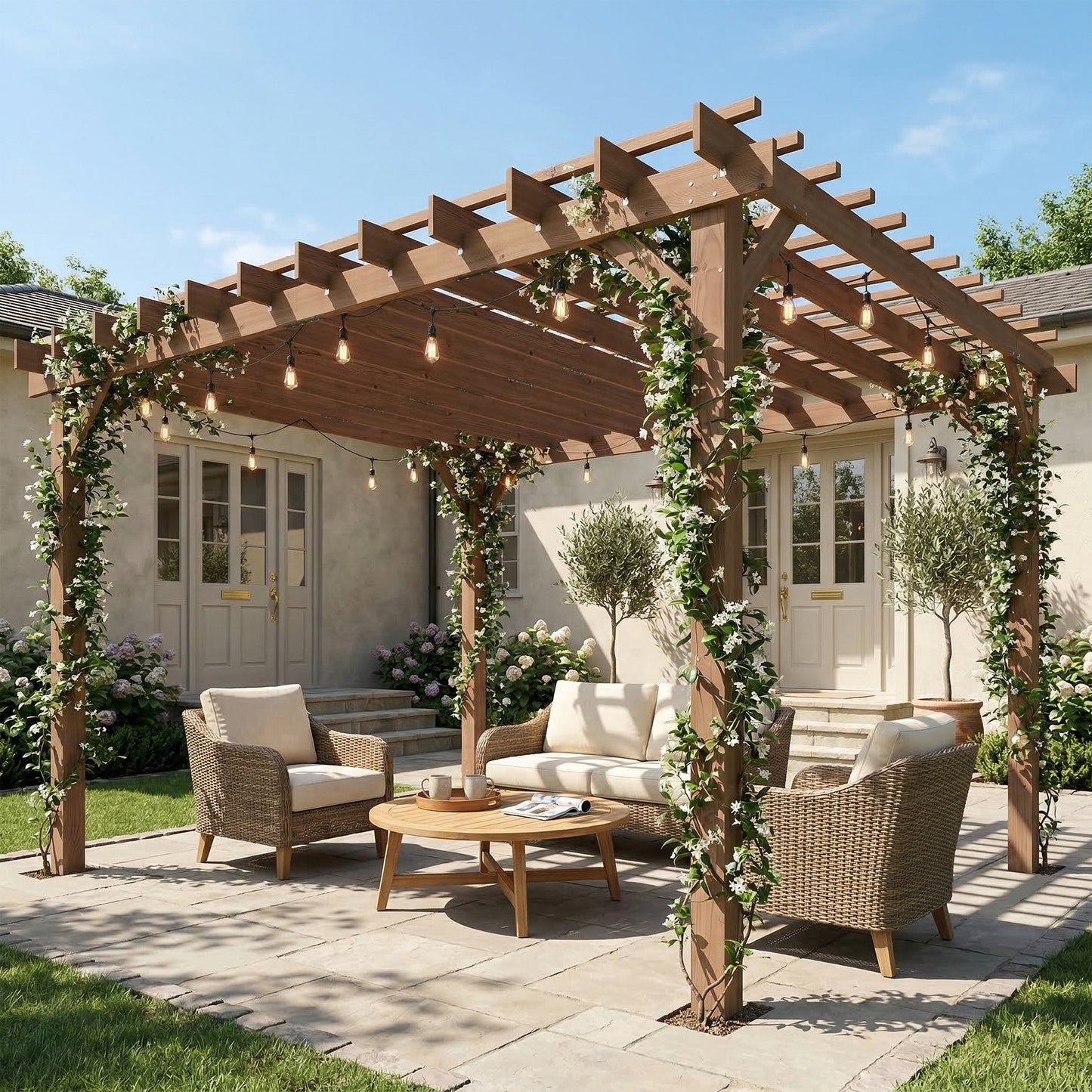 Outsunny 3.6 x 3 m Wooden Pergola Kit Garden Gazebo Grape Trellis With Triangle Supports Maple Wood Effect