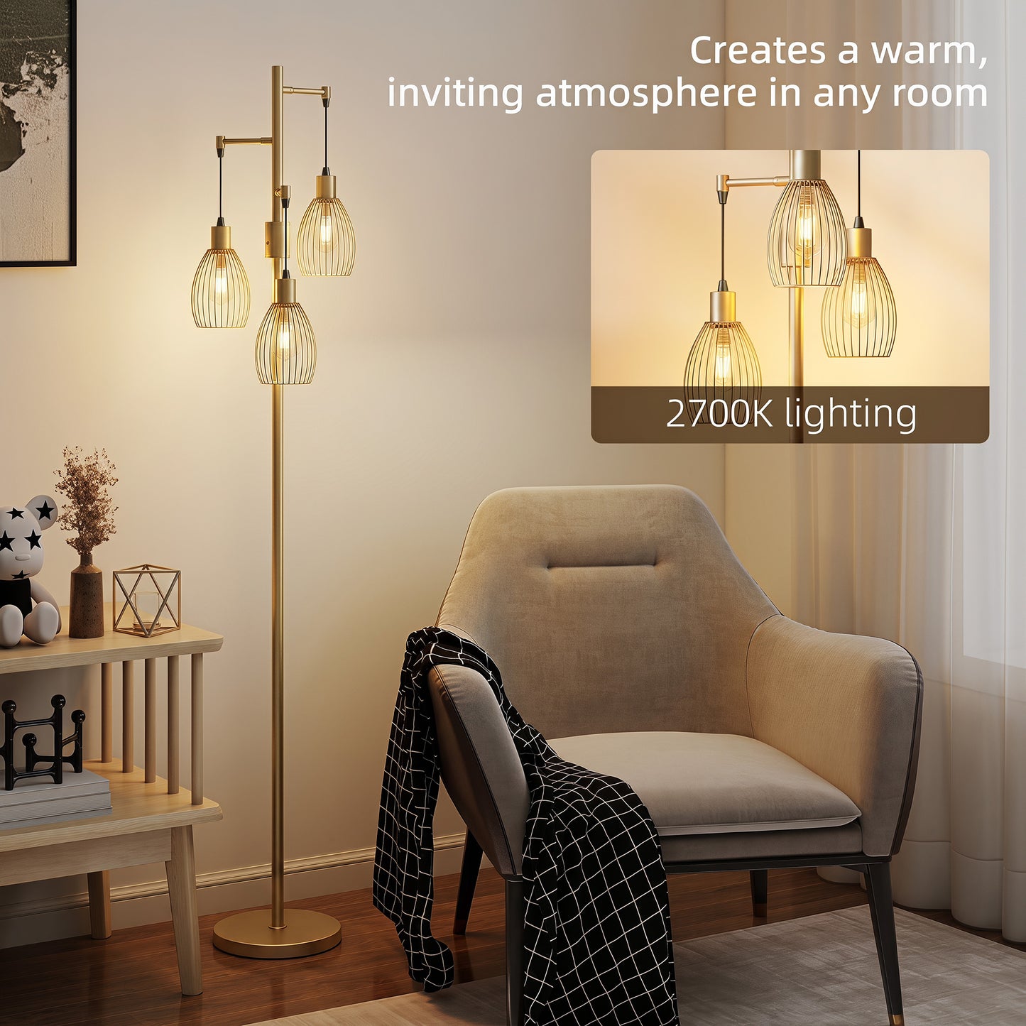 HOMCOM Industrial Dimmable 3 Light Floor Lamp With Steel Wire Cage Lampshades In Gold Tone 170cm Tall