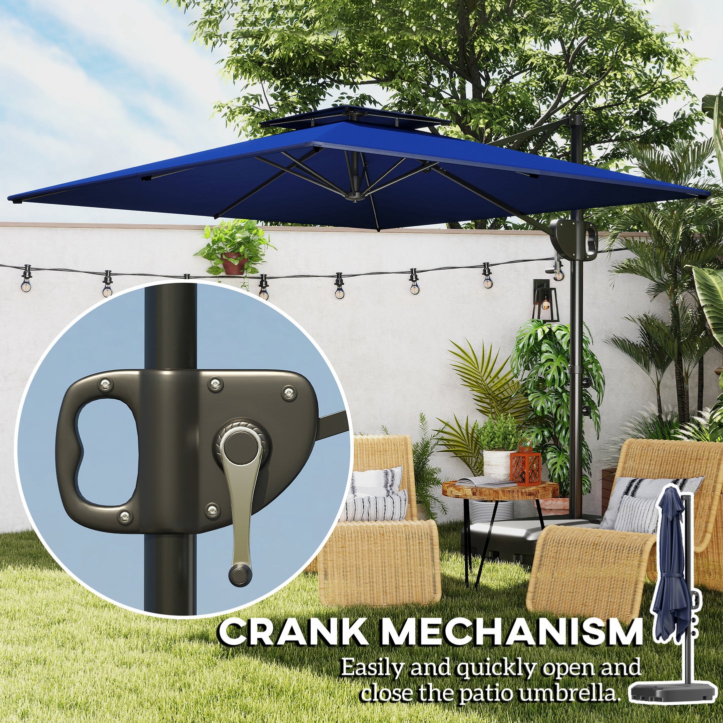 Outsunny Cantilever Parasol With Weighted Base Dark Blue Parasol Double Top Square Hanging Patio Umbrella Crank Tilt