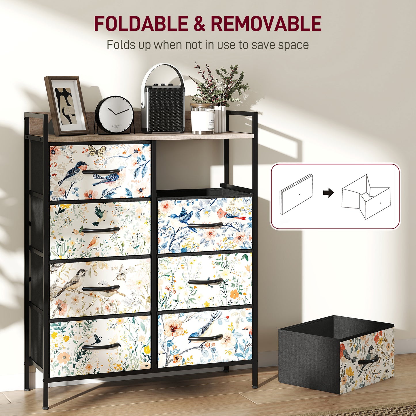 HOMCOM Eight Drawer Fabric Chest Of Drawers White With Removable Foldable Drawers And Patterned Panels