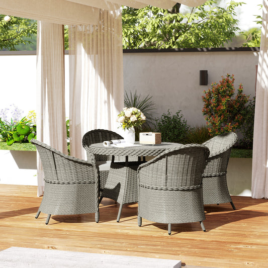 Outsunny 4 Seater Rattan Furniture Set With Cushions Round PE Rattan Dining Set Glass Top Table Umbrella Hole Grey